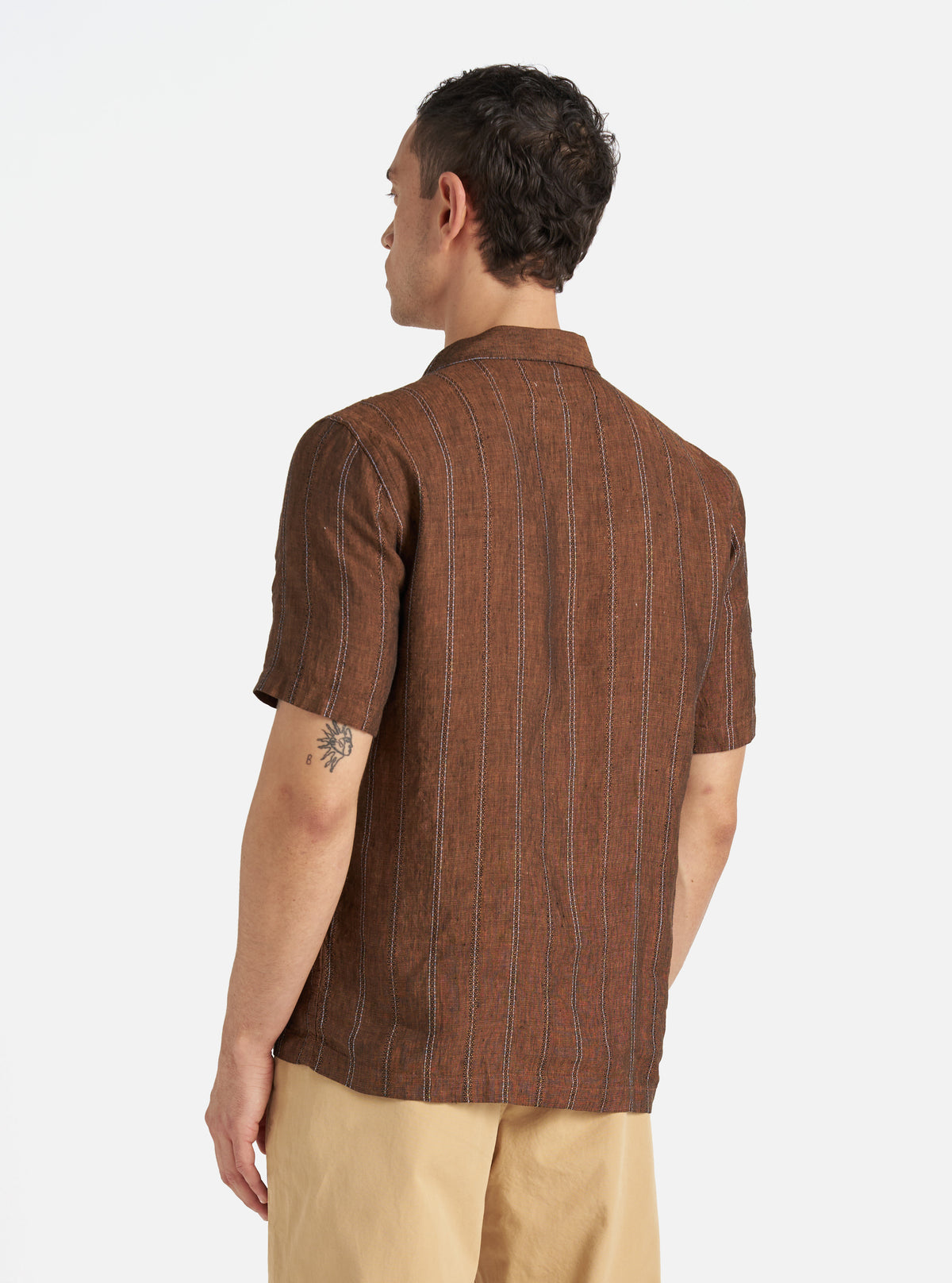 Universal Works Road Shirt in Brown Stripe Linen