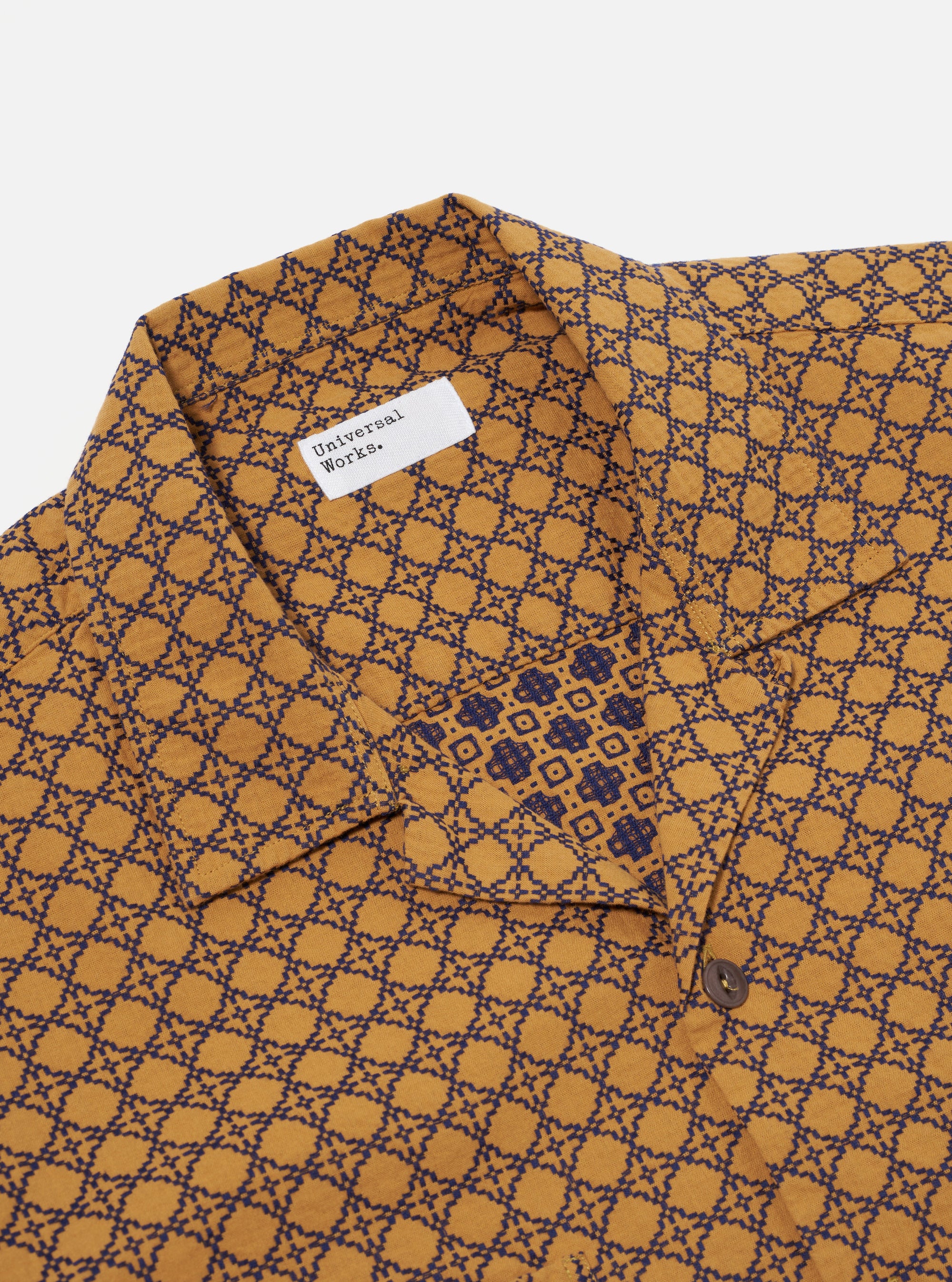 Universal Works Work Shirt in Gold/Navy Rhodes Cotton