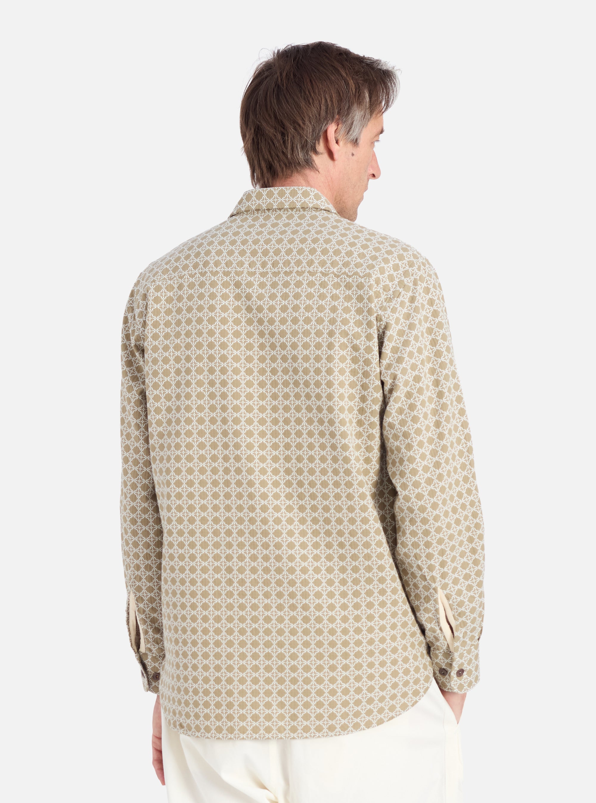 Universal Works Work Shirt in Sand/White Rhodes Cotton