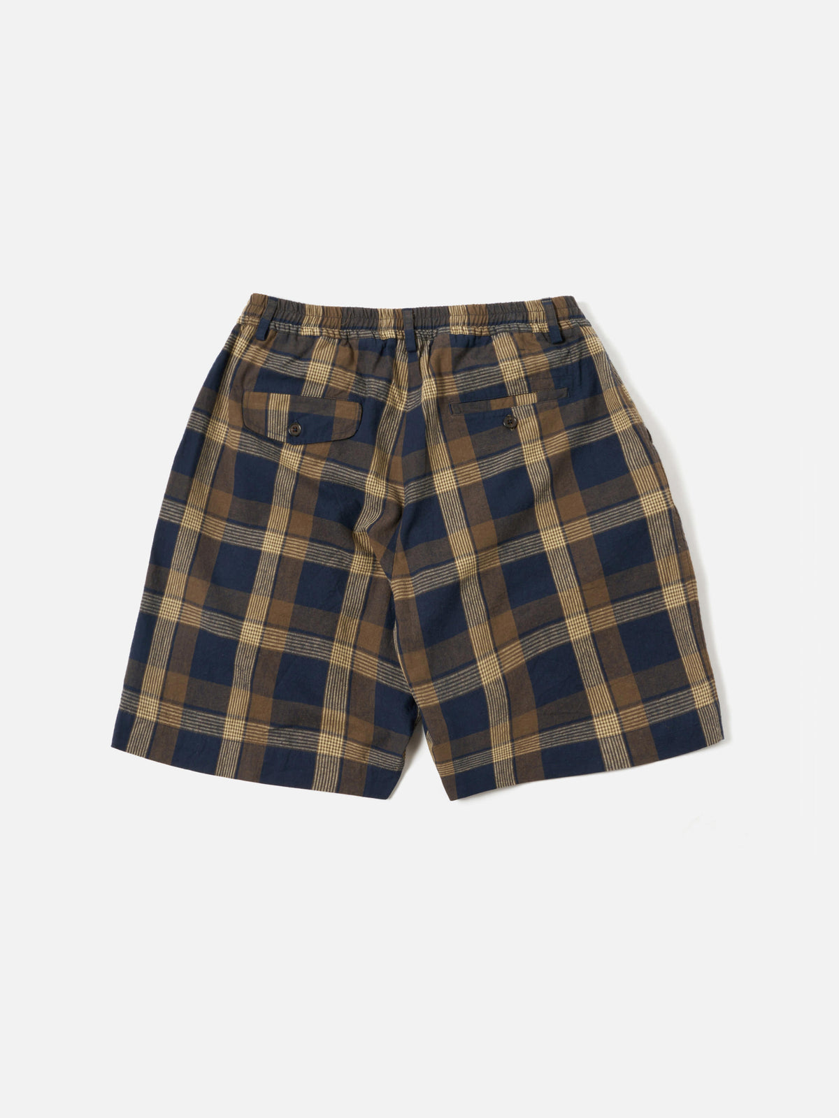 Universal Works Pleated Track Short in Navy/Brown Lincot Big Check