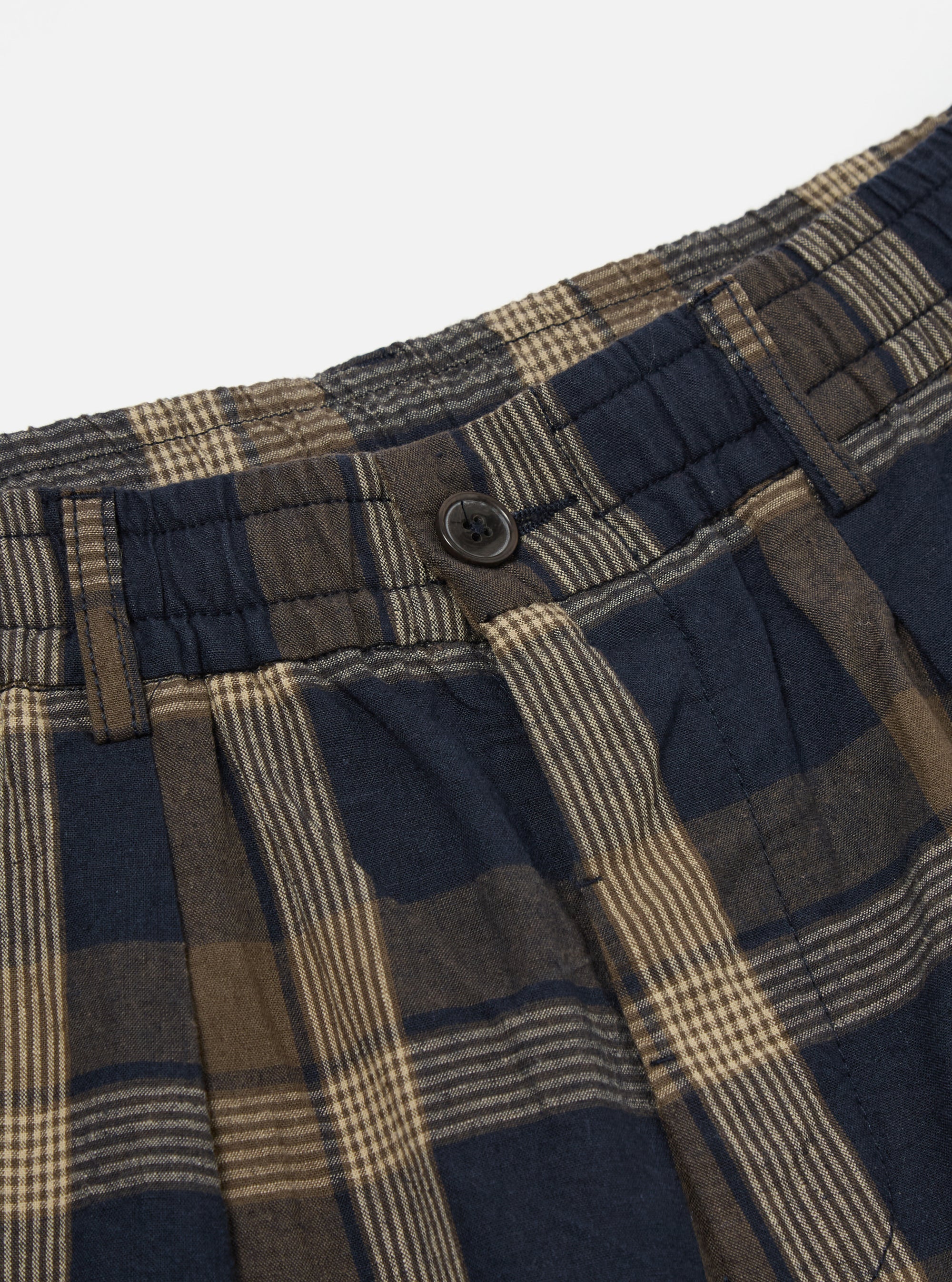 Universal Works Pleated Track Short in Navy/Brown Lincot Big Check