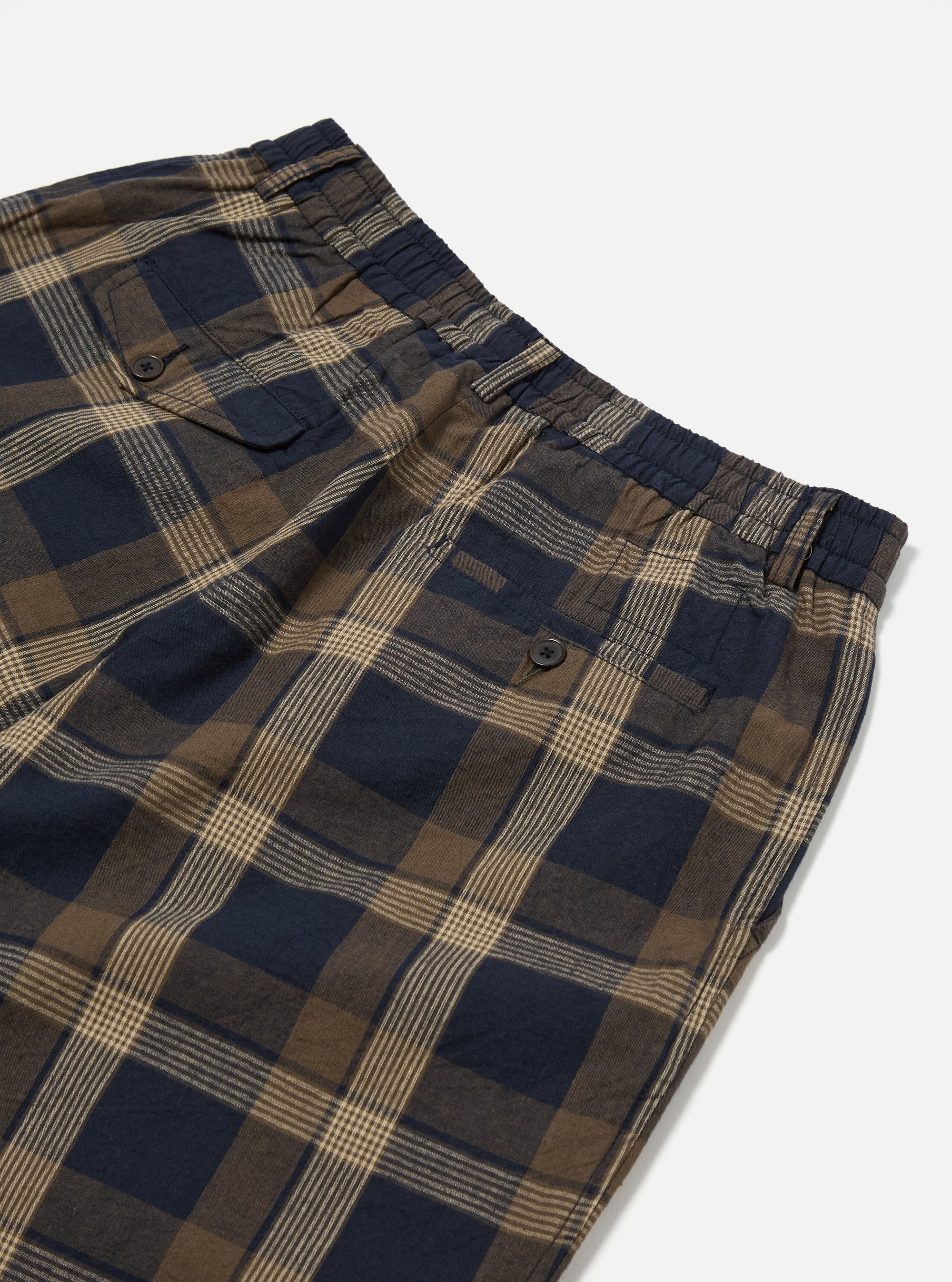 Universal Works Pleated Track Short in Navy/Brown Lincot Big Check