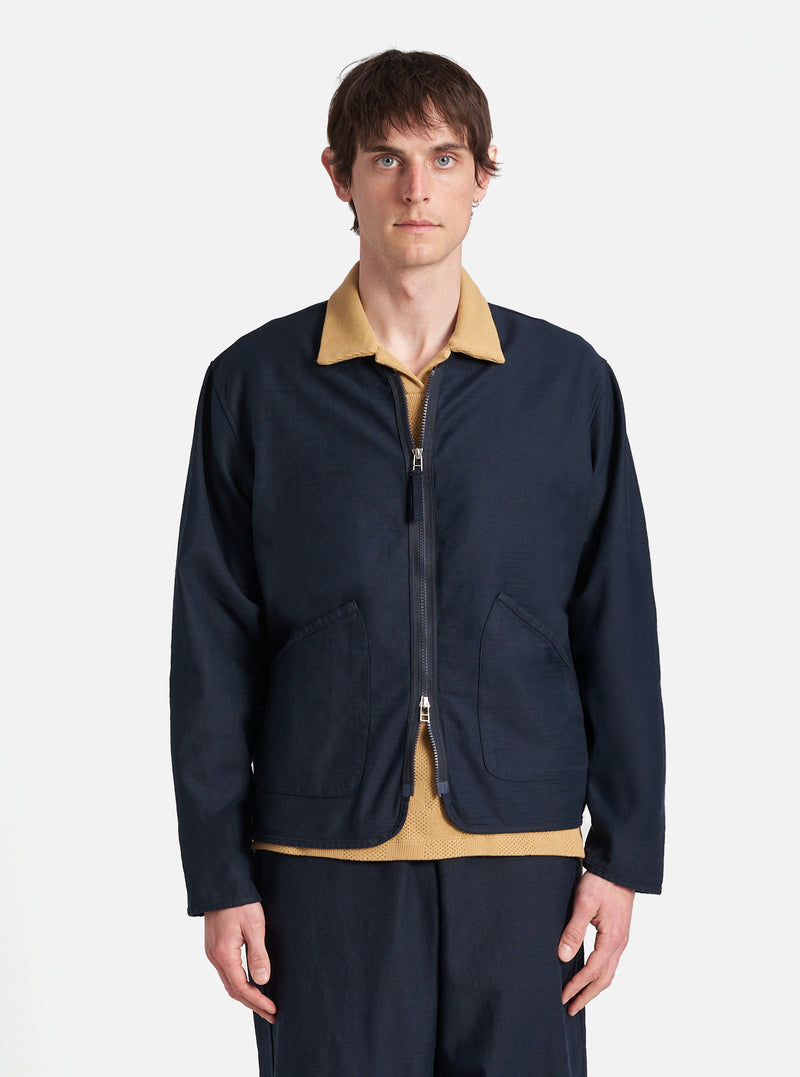 Universal Works Zip Liner Jacket in Navy Slub Sateen