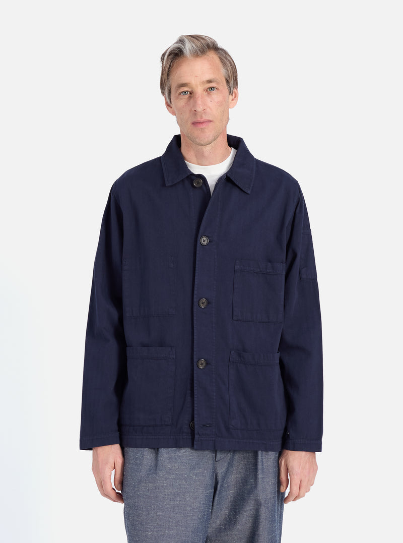 Universal Works Coverall Jacket in Dark Navy Herringbone Cotton