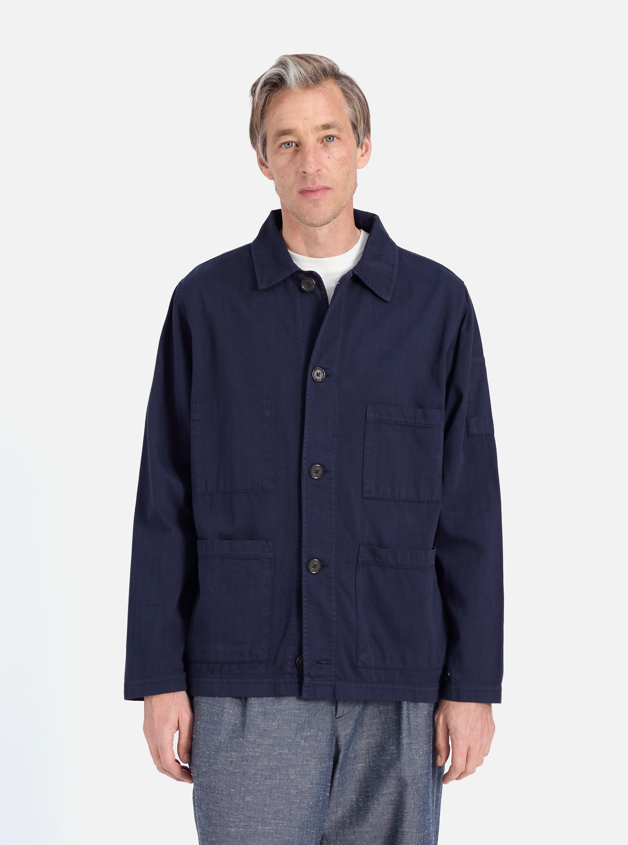 Universal Works Coverall Jacket in Dark Navy Herringbone Cotton
