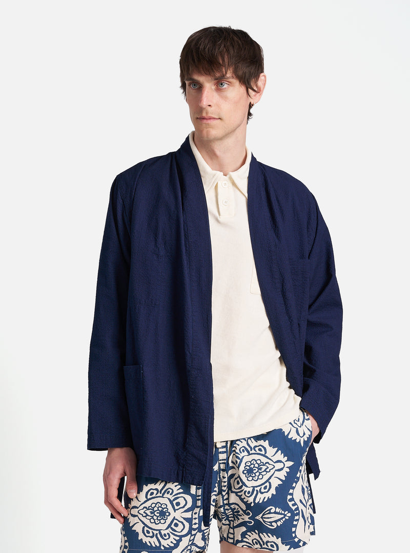 Universal Works Kyoto Work Jacket in Washed Indigo Seersucker