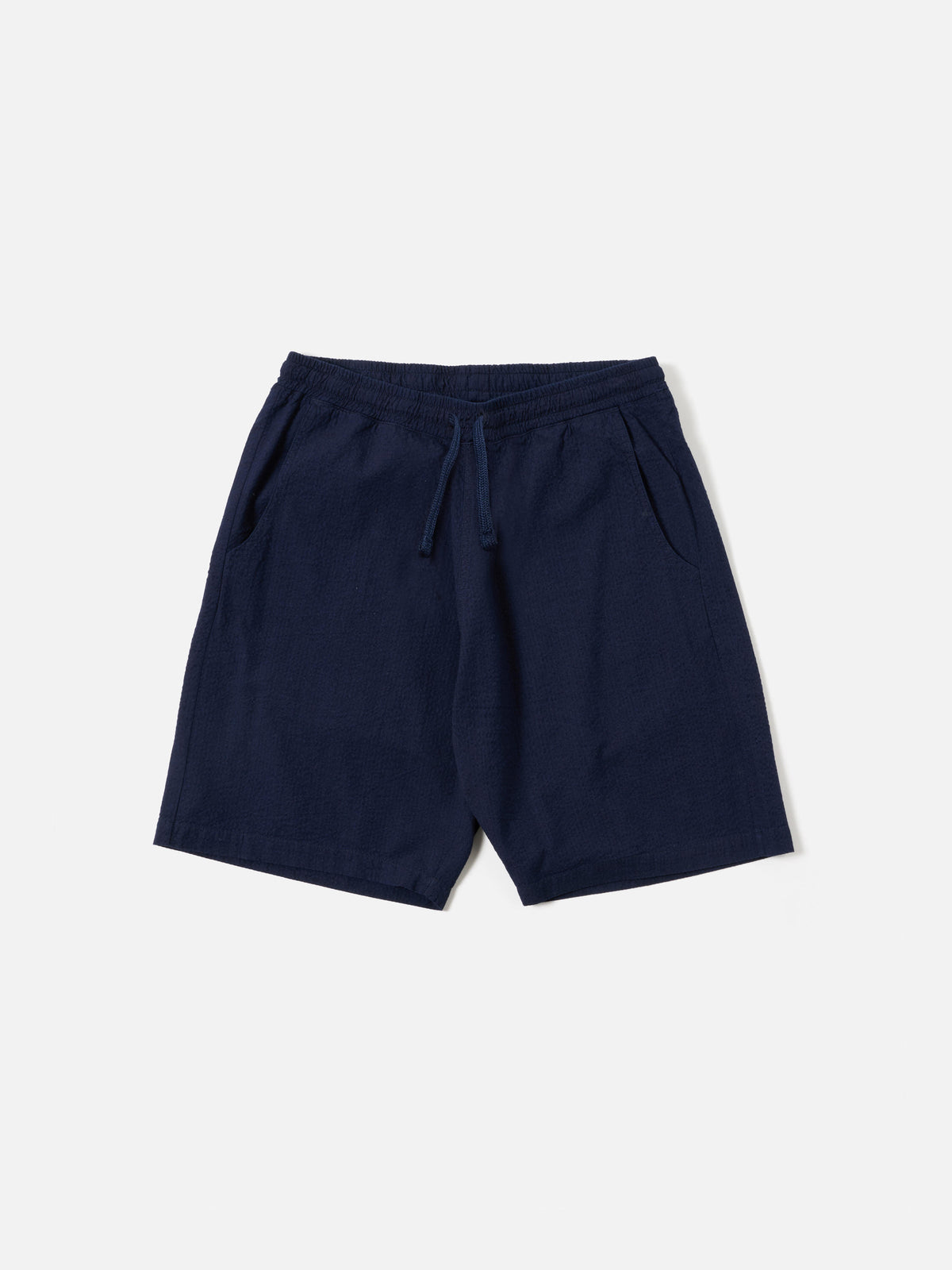 Universal Works Simple Short in Washed Indigo Seersucker