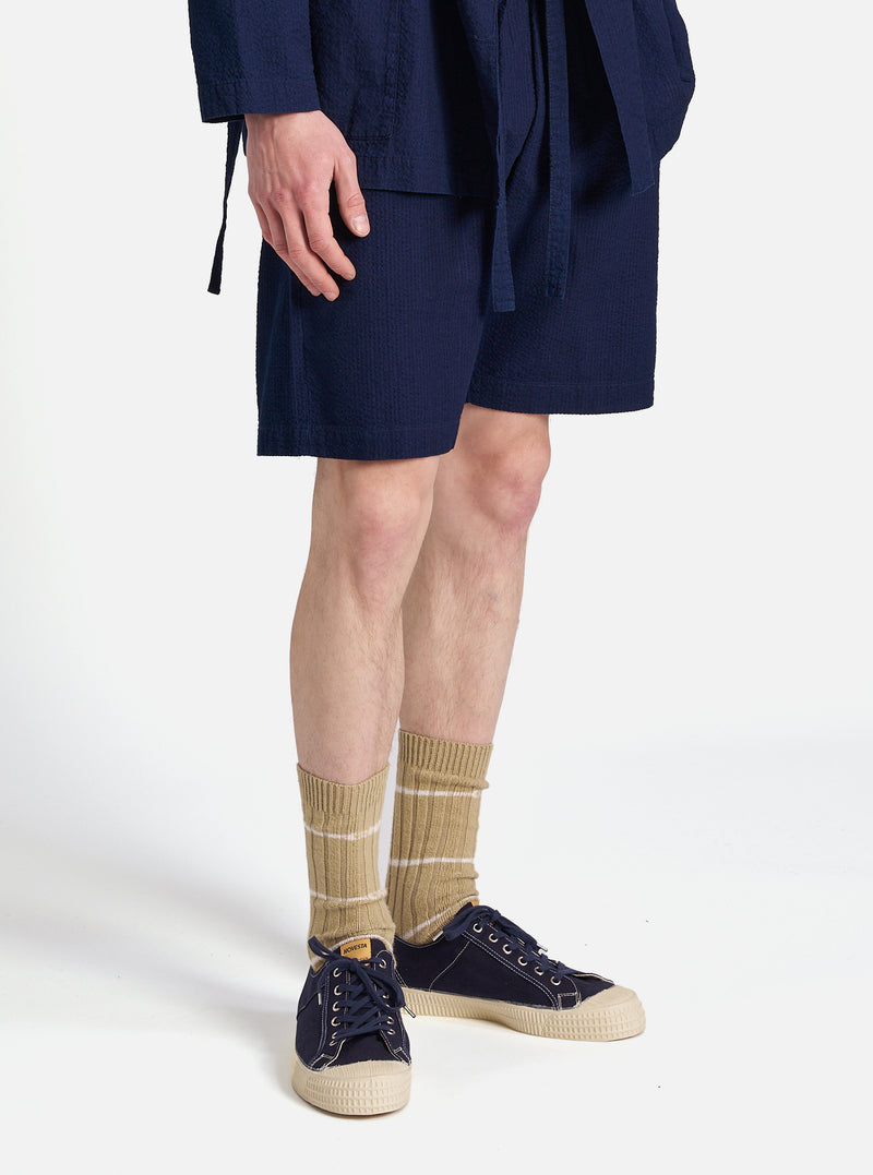Universal Works Simple Short in Washed Indigo Seersucker