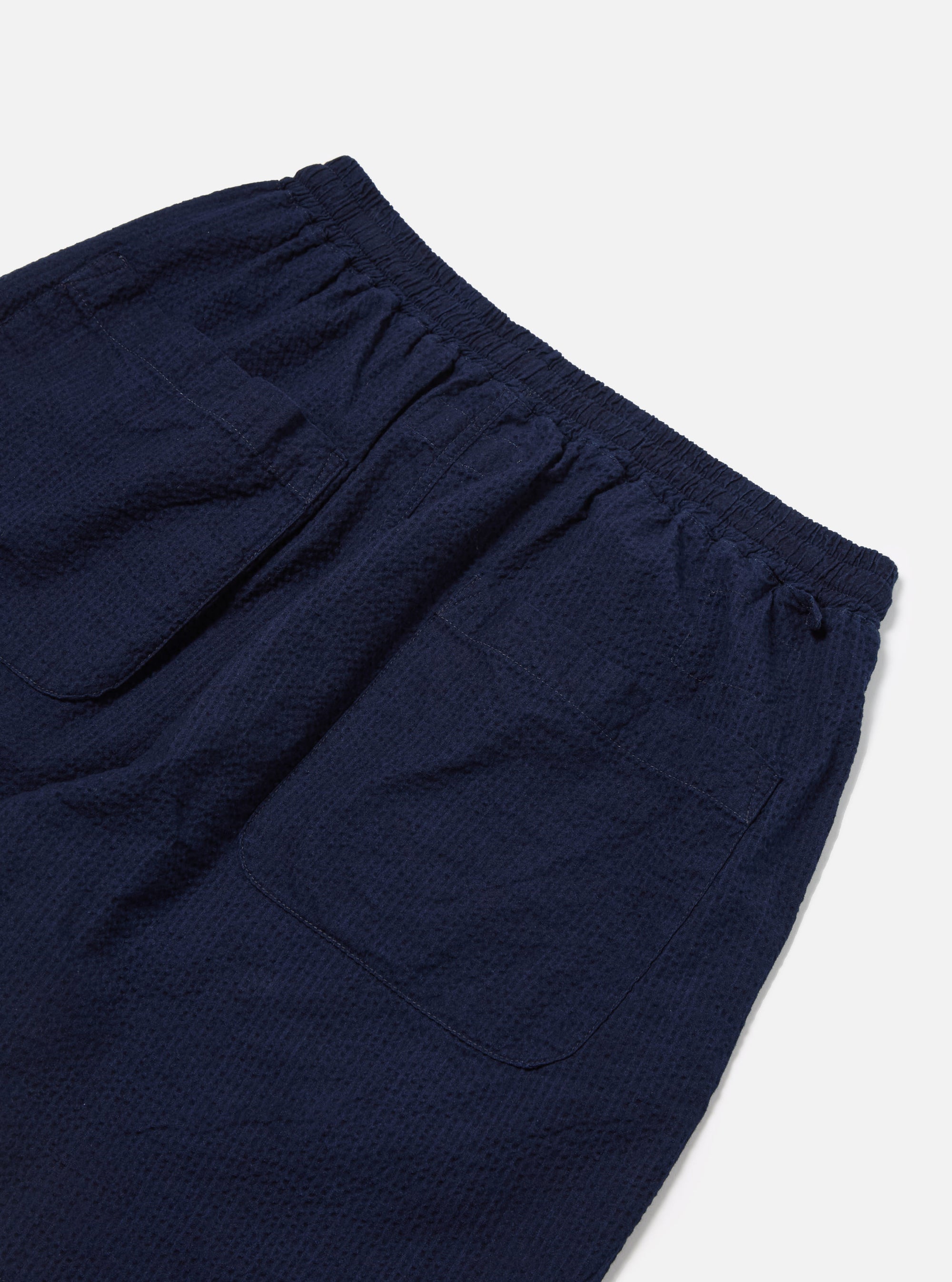 Universal Works Simple Short in Washed Indigo Seersucker