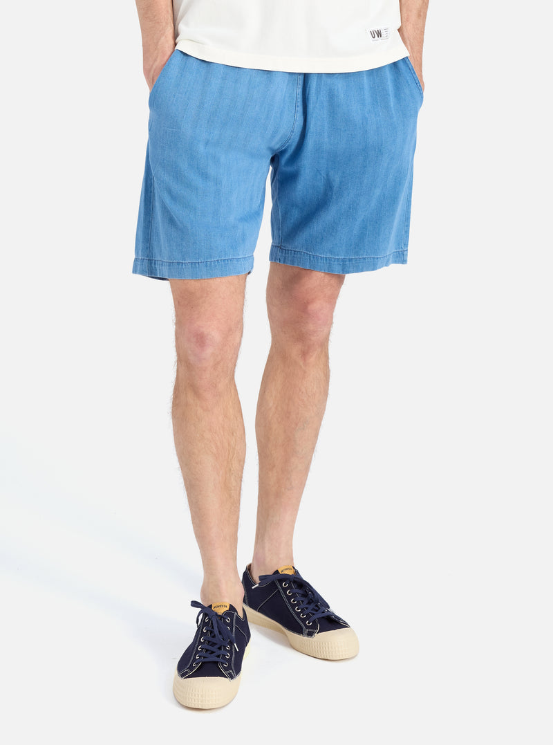 Universal Works Simple Short in Washed Indigo Herringbone Denim