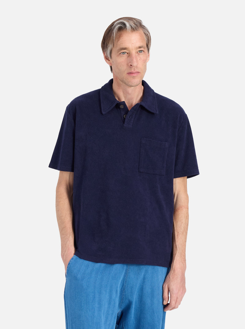 Universal Works Newlyn Polo in Bright Navy Light Weight Terry
