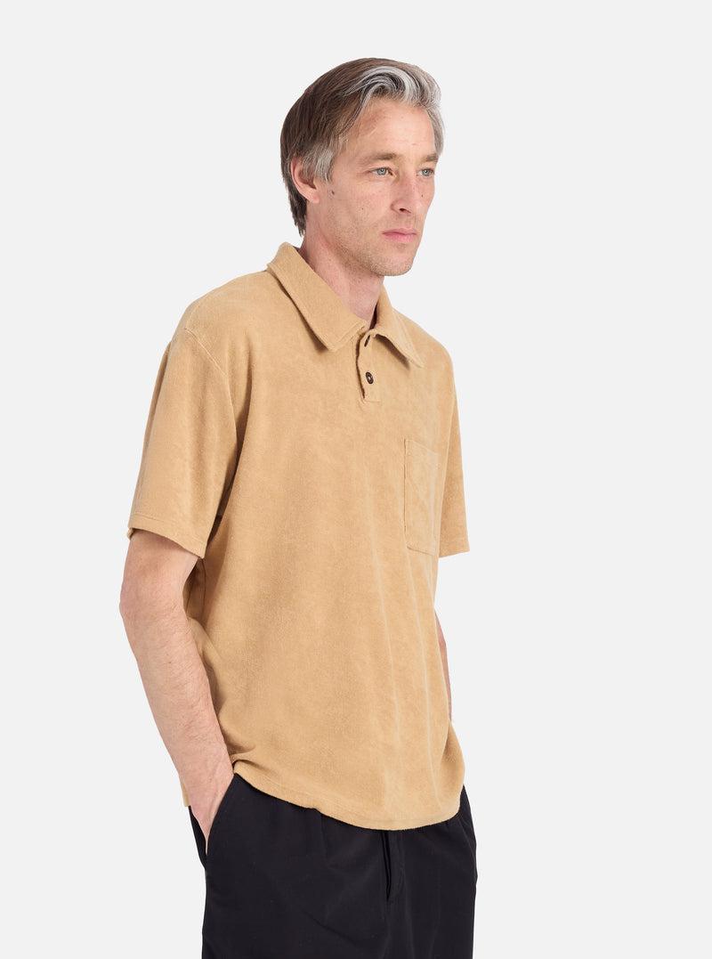 Universal Works Newlyn Polo in Sand Light Weight Terry