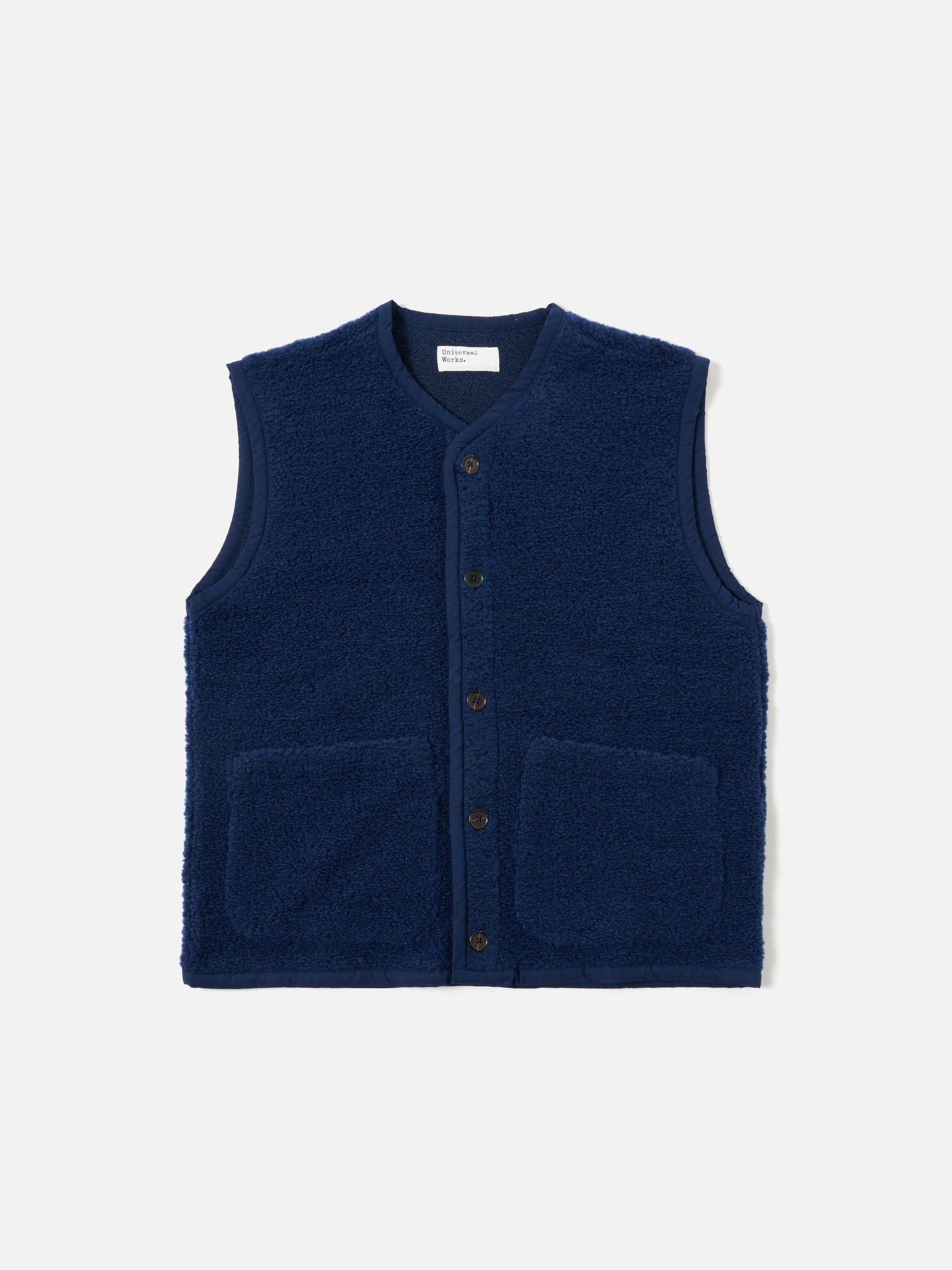 Universal Works Lancaster Gilet in Navy Alvar Fleece