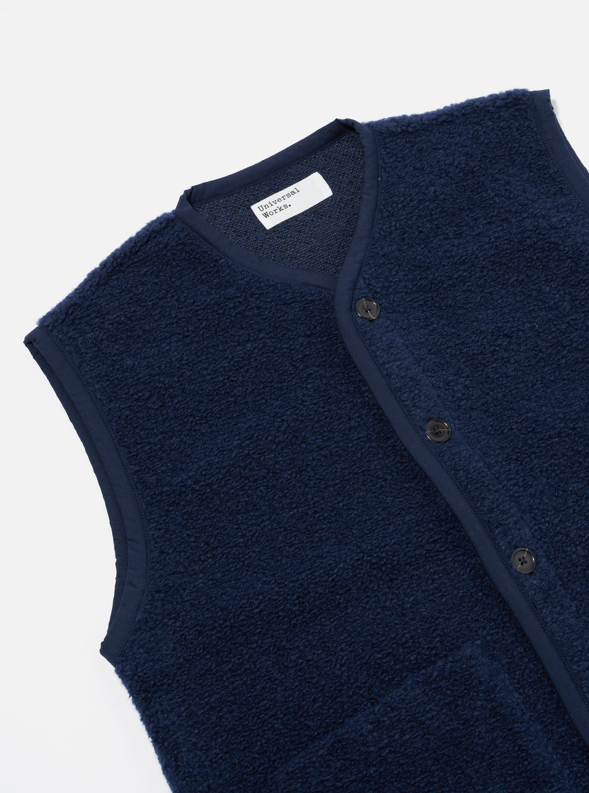 Universal Works Lancaster Gilet in Navy Alvar Fleece