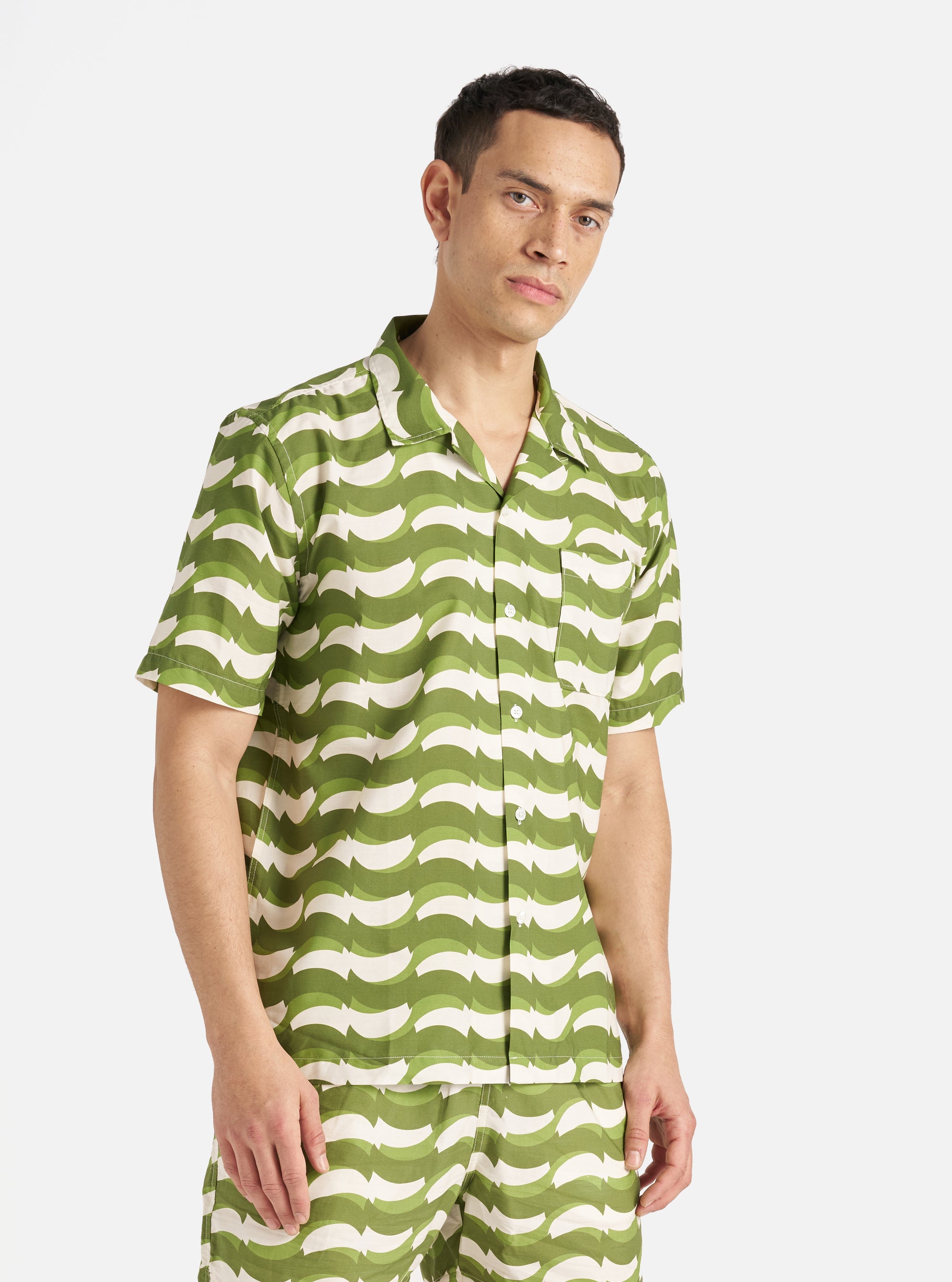 Universal Works Road Shirt in Green Geo Wave Print Cotton