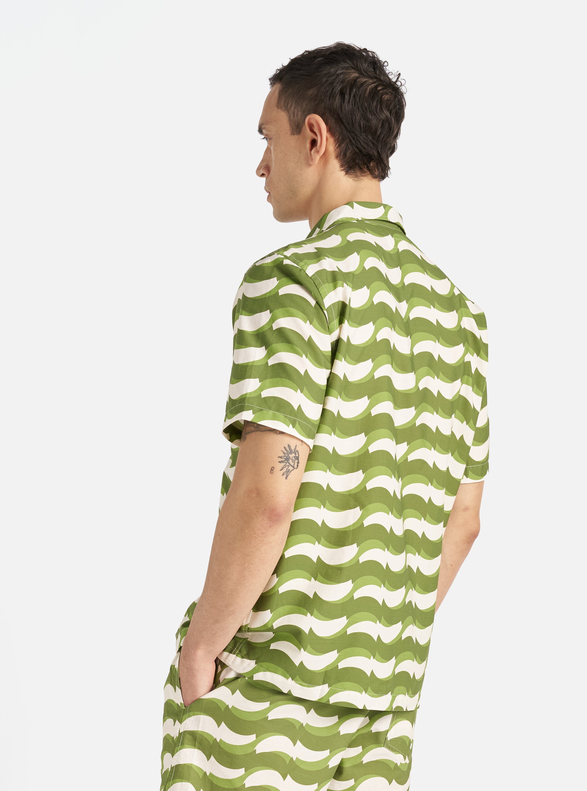 Universal Works Road Shirt in Green Geo Wave Print Cotton