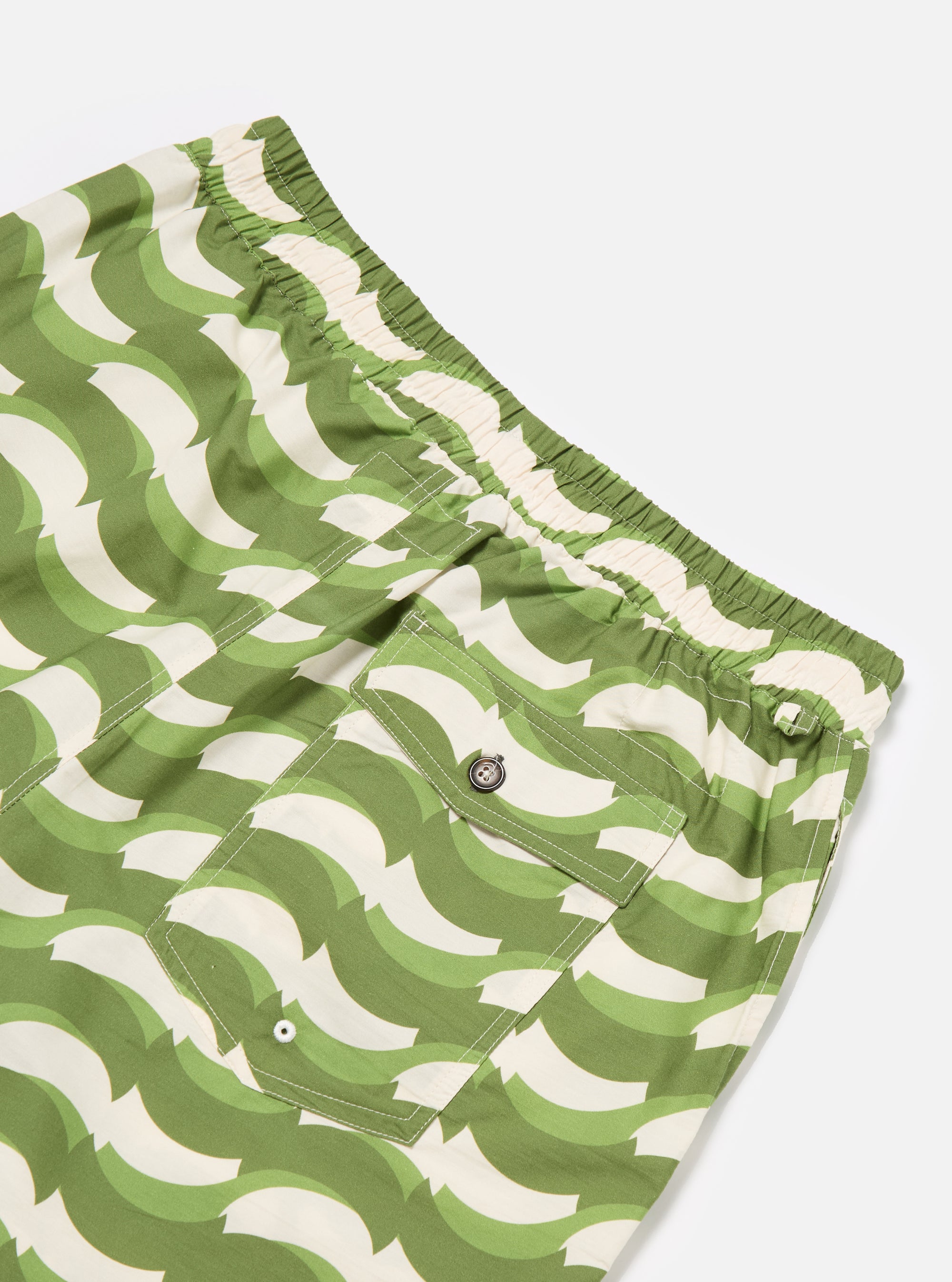 Universal Works Action Short in Green Geo Wave Print Cotton