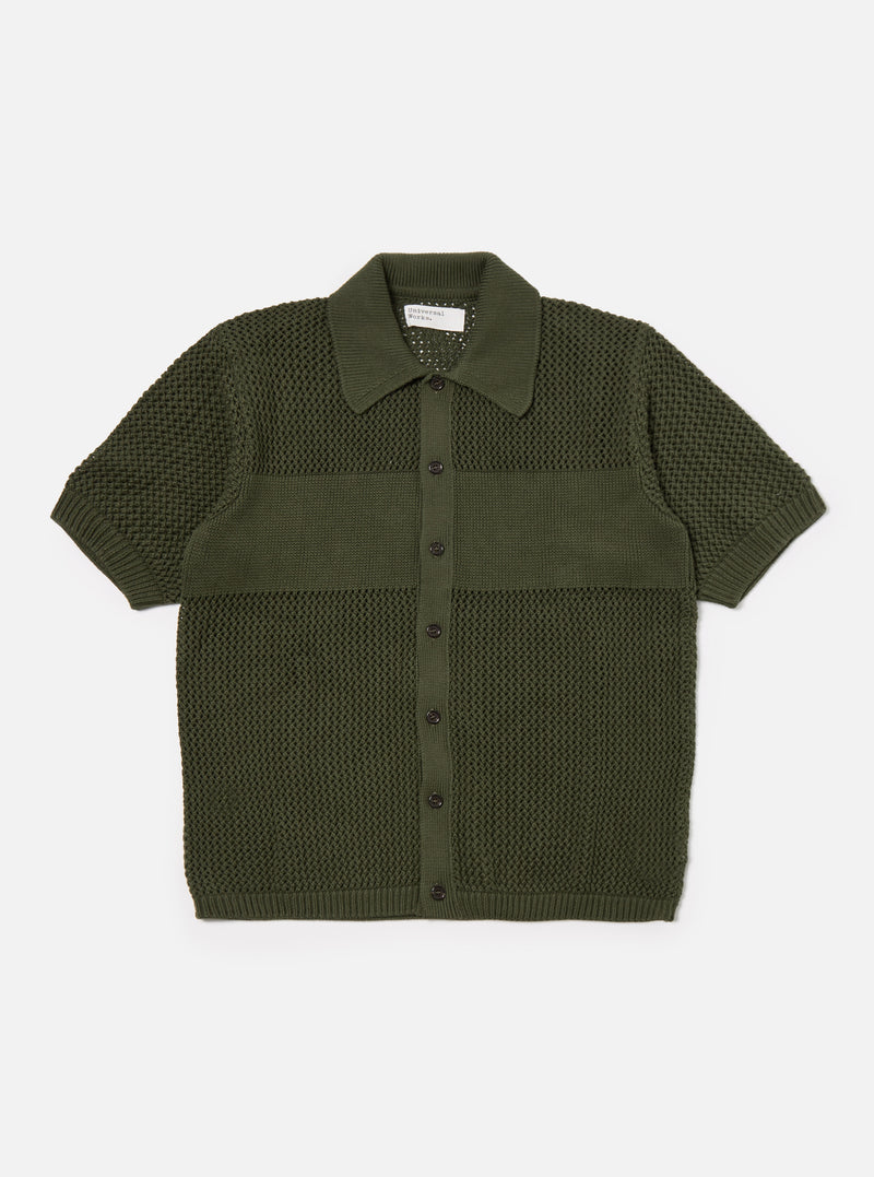 Universal Works S/S Knit Shirt in Olive Open Knit