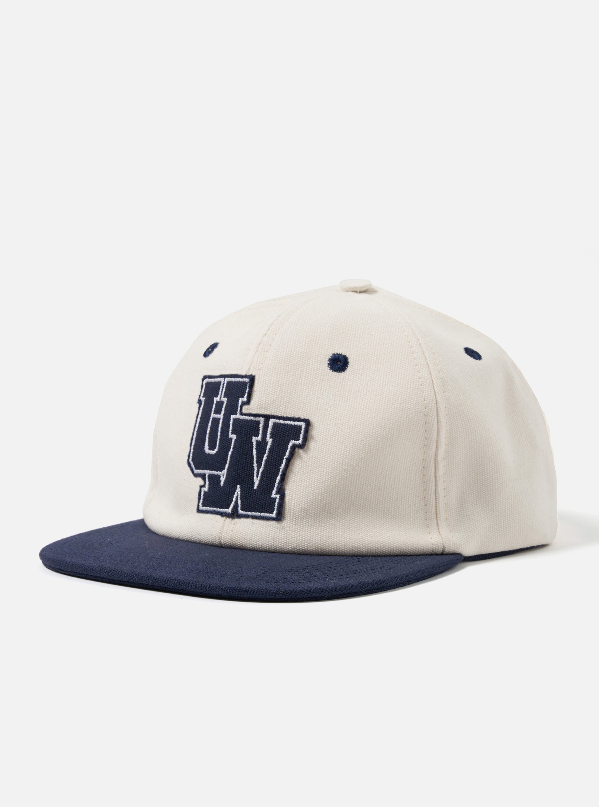 Universal Works Baseball Hat in Ecru/Navy Canvas