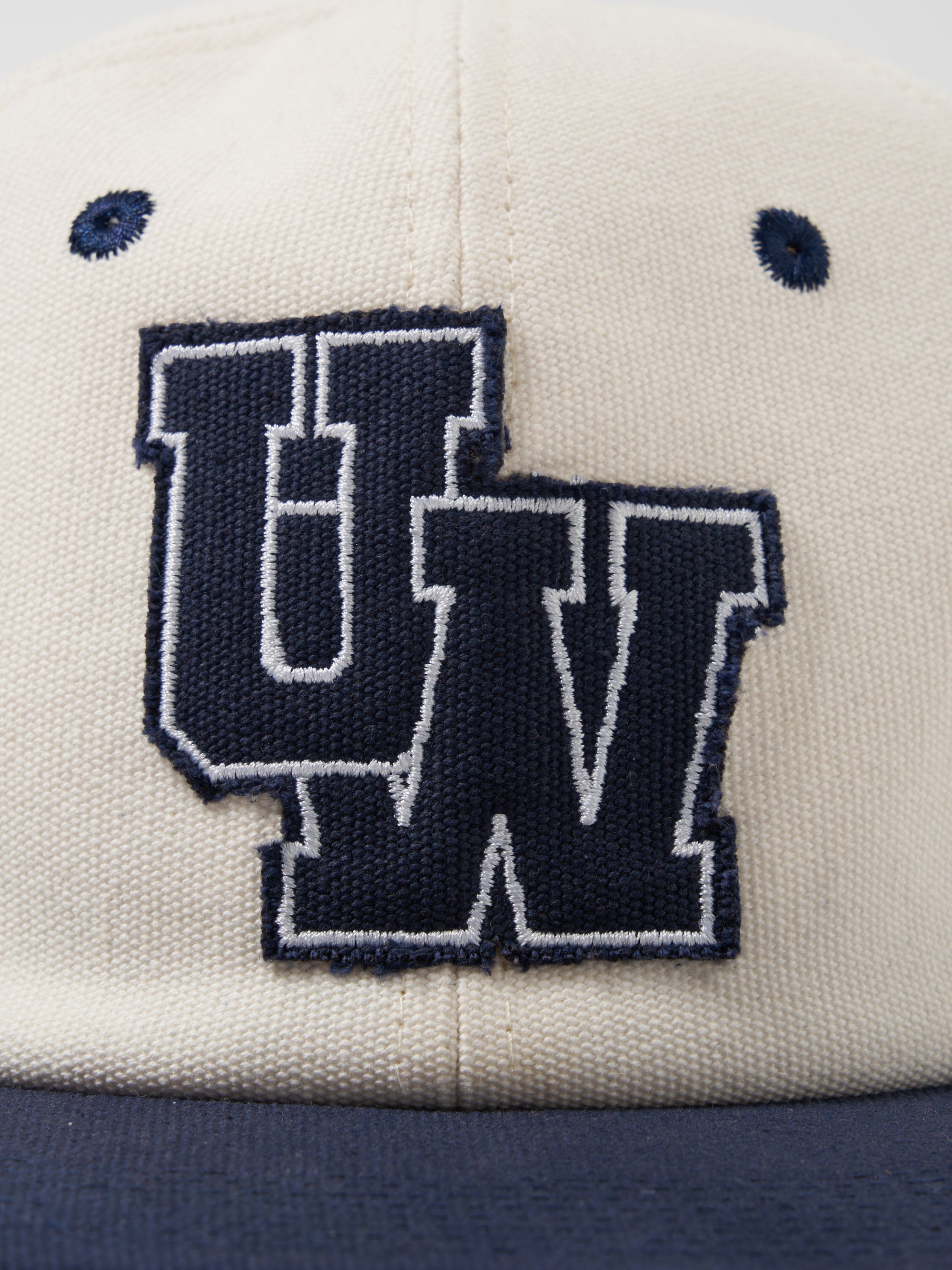 Universal Works Baseball Hat in Ecru/Navy Canvas