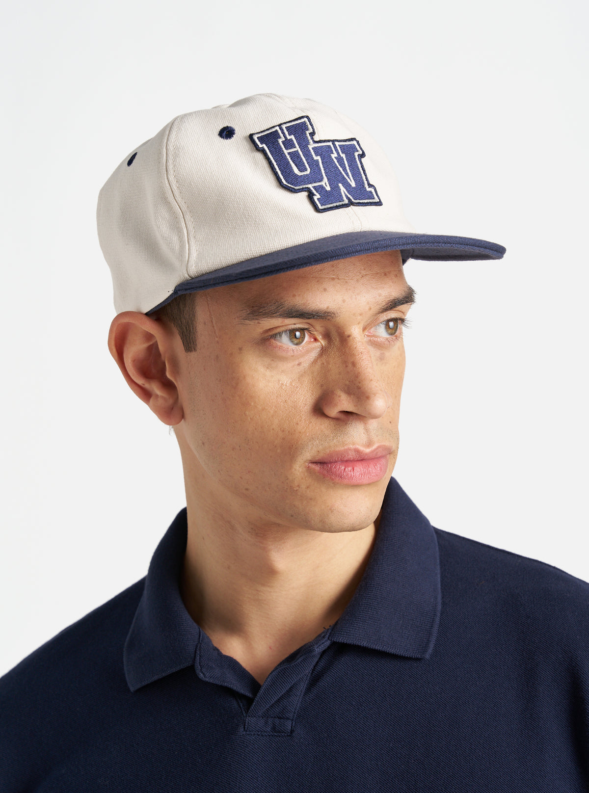 Universal Works Baseball Hat in Ecru/Navy Canvas