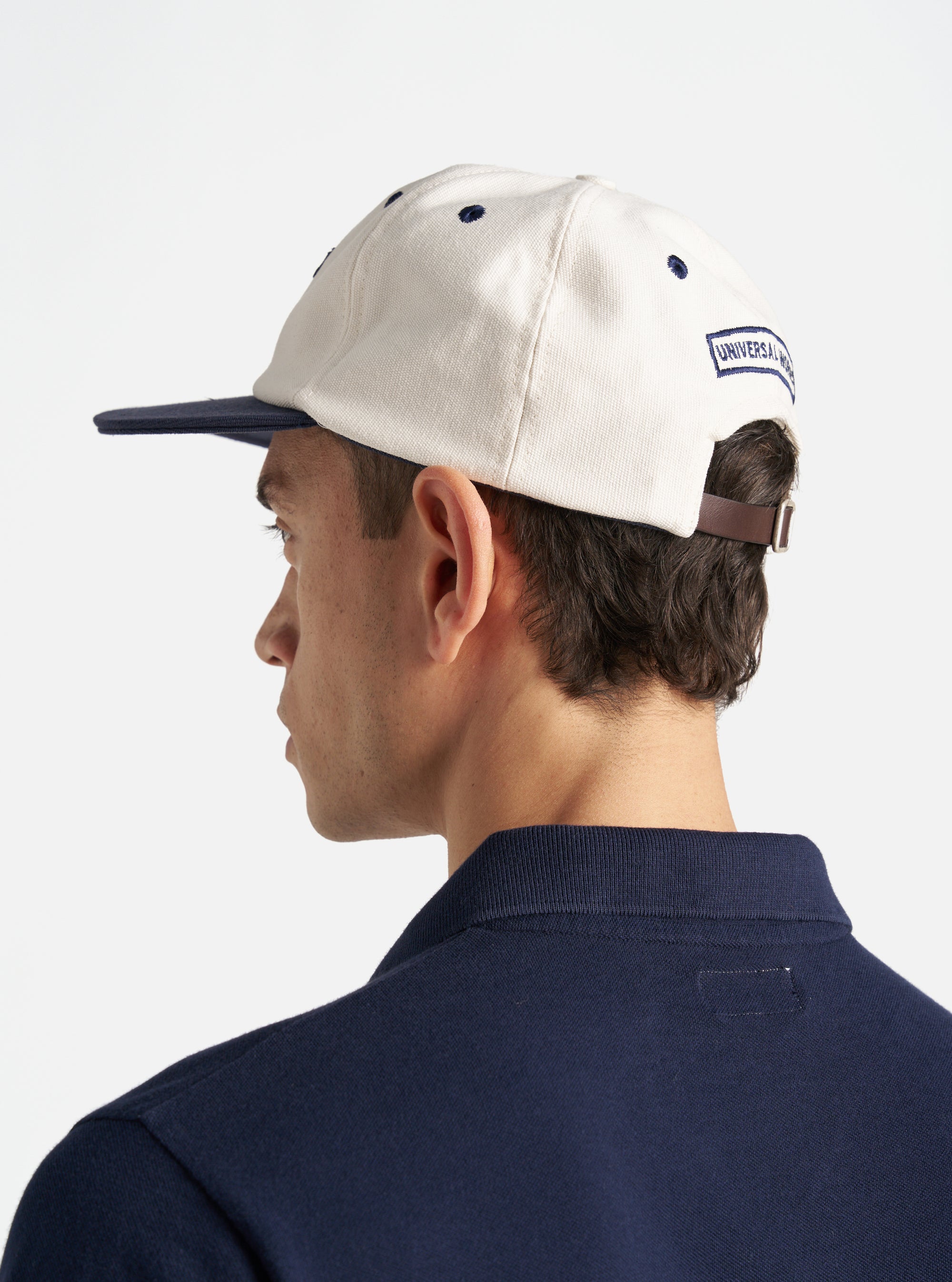 Universal Works Baseball Hat in Ecru/Navy Canvas