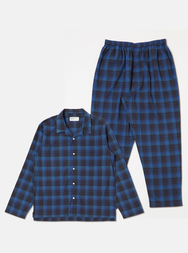 Universal Works Long Pyjama Set in Navy/Blue Check