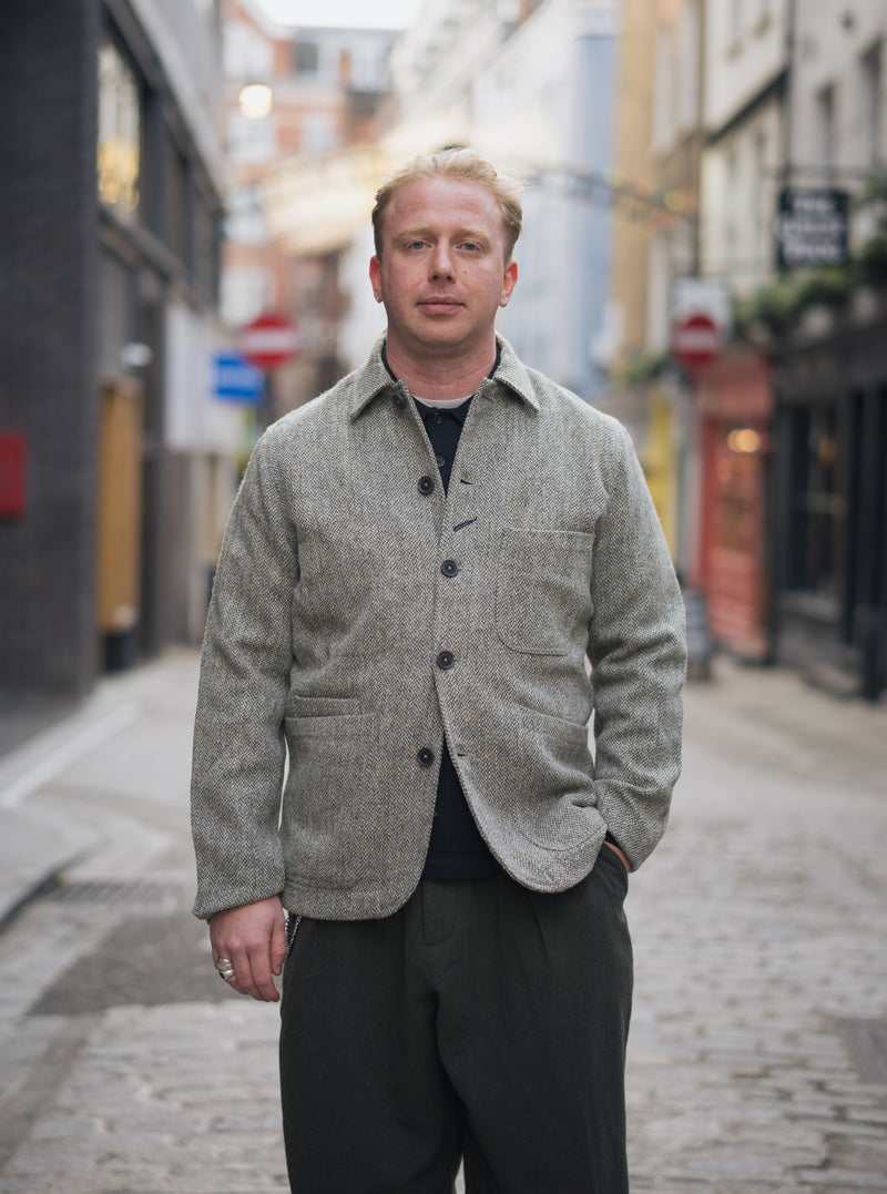 Universal Works Bakers Jacket in Olive Harris Tweed Weave