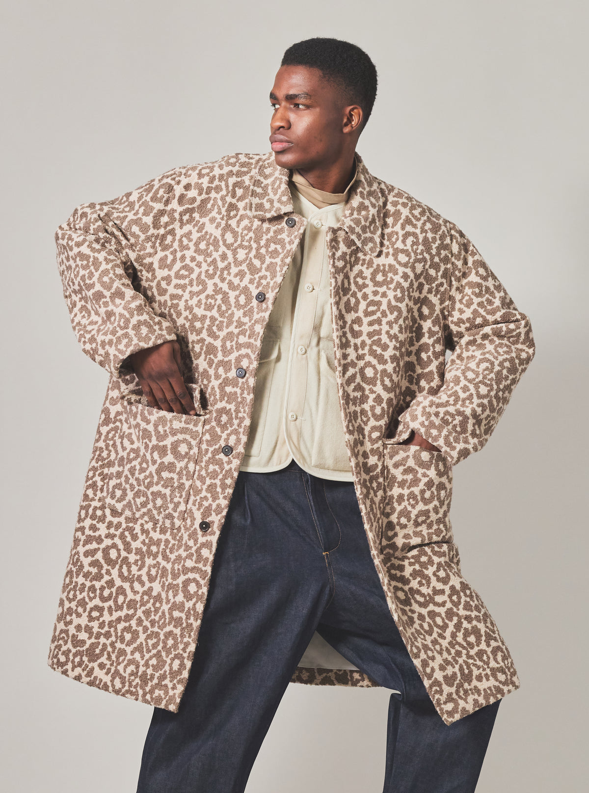 Universal Works Account Coat in Natural Crazy Leopard