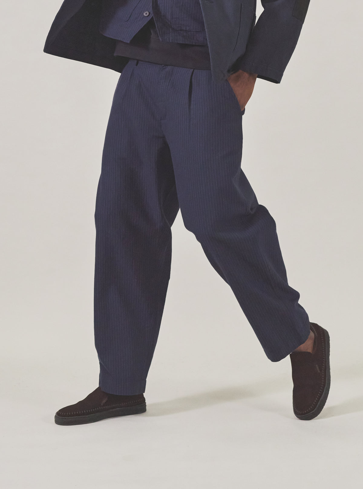 Universal Works Duke Pant in Navy Cotton Pinstripe