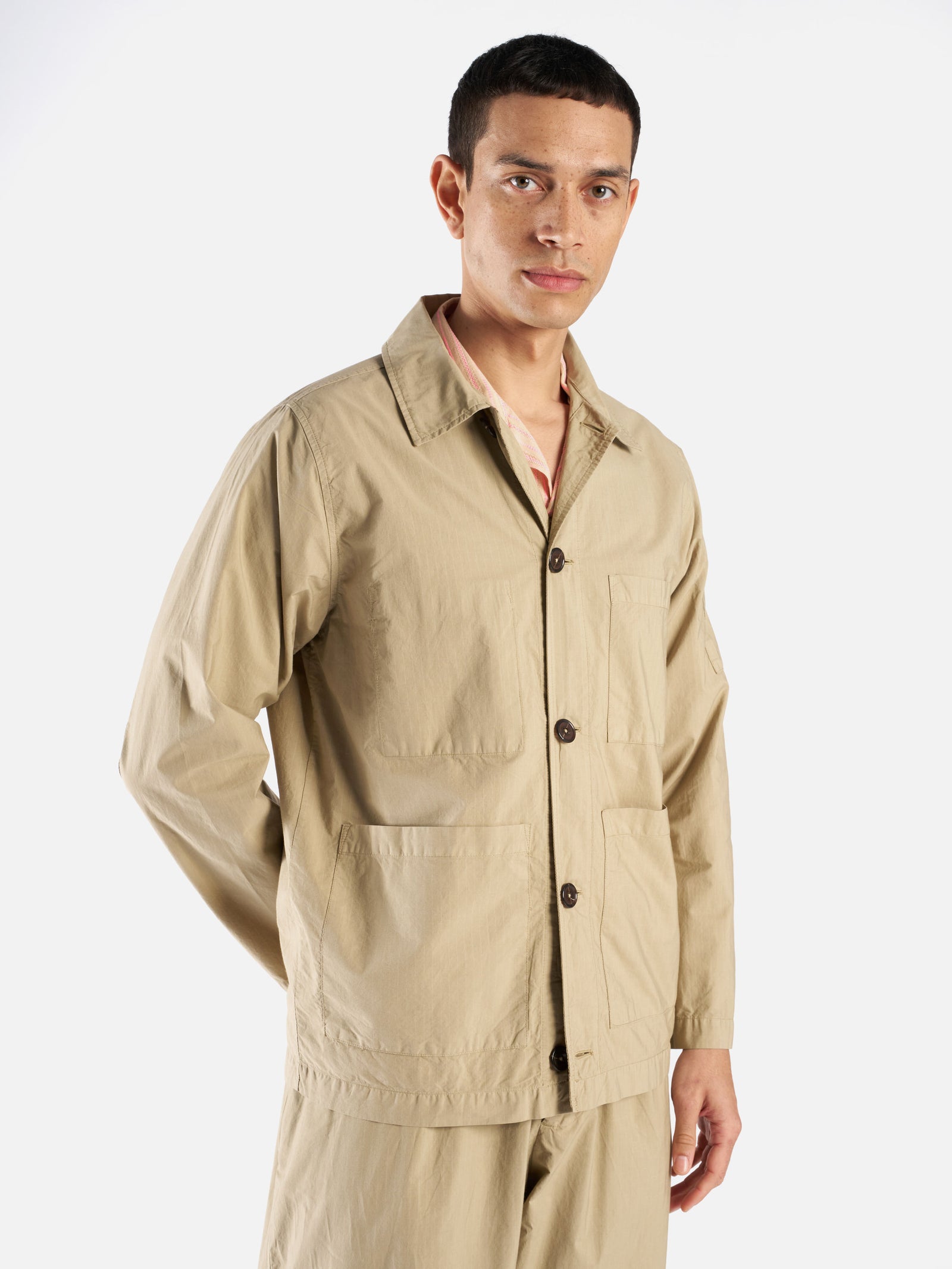 Universal Works Coverall Jacket in Summer Oak Nearly Pinstripe