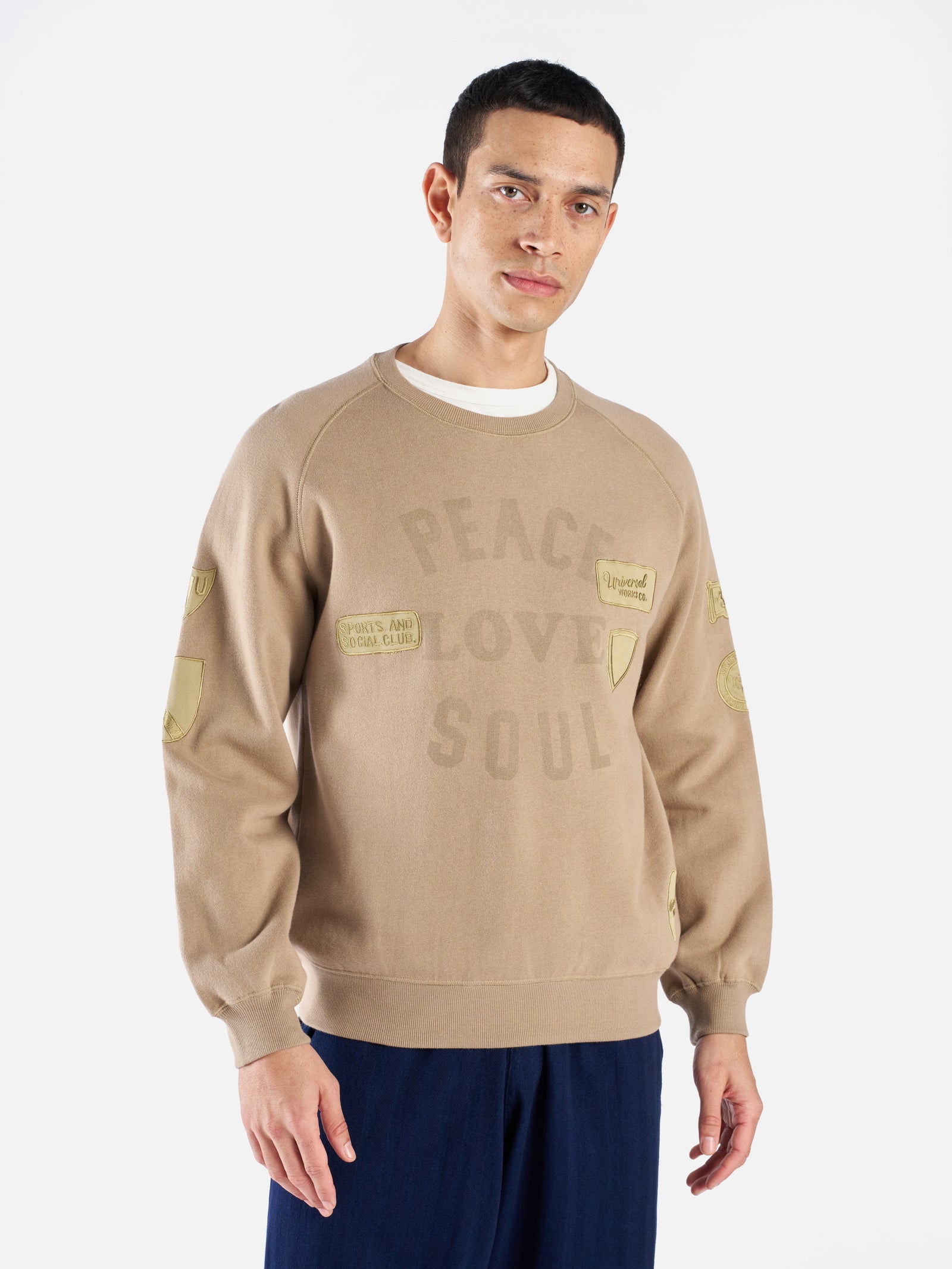 Universal Works 'Peace, Love & Soul' Sweatshirt in Sand Brush Back Sweat