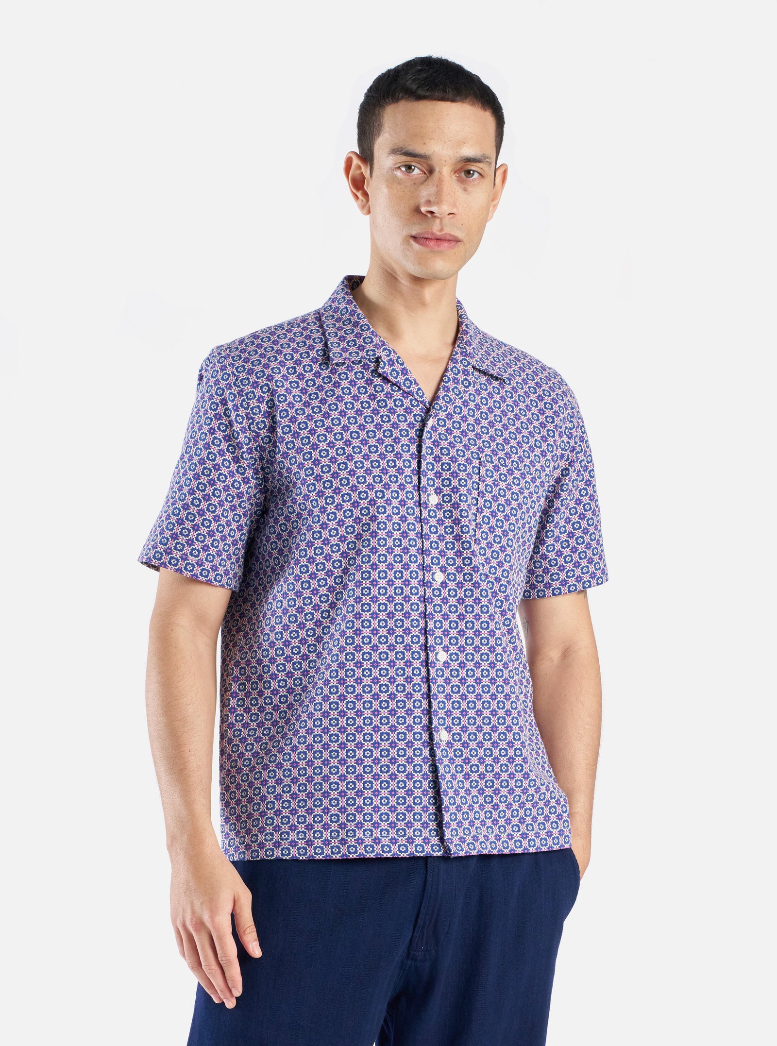 Universal Works Road Shirt in Navy Tile 1 Cotton
