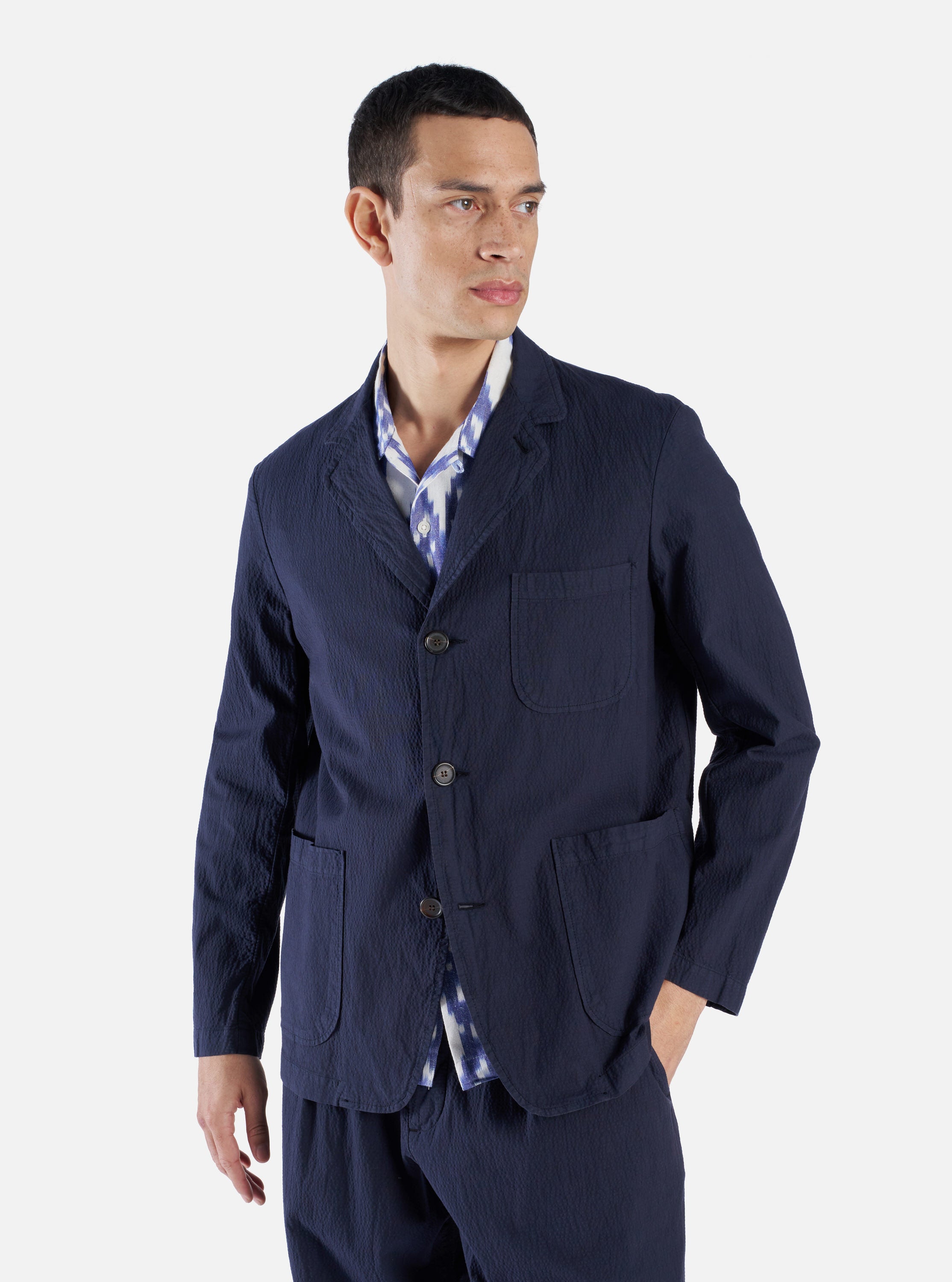 Universal Works Three Button Universal Works Three Button Jacket in Navy Seersucker II | King's Cross