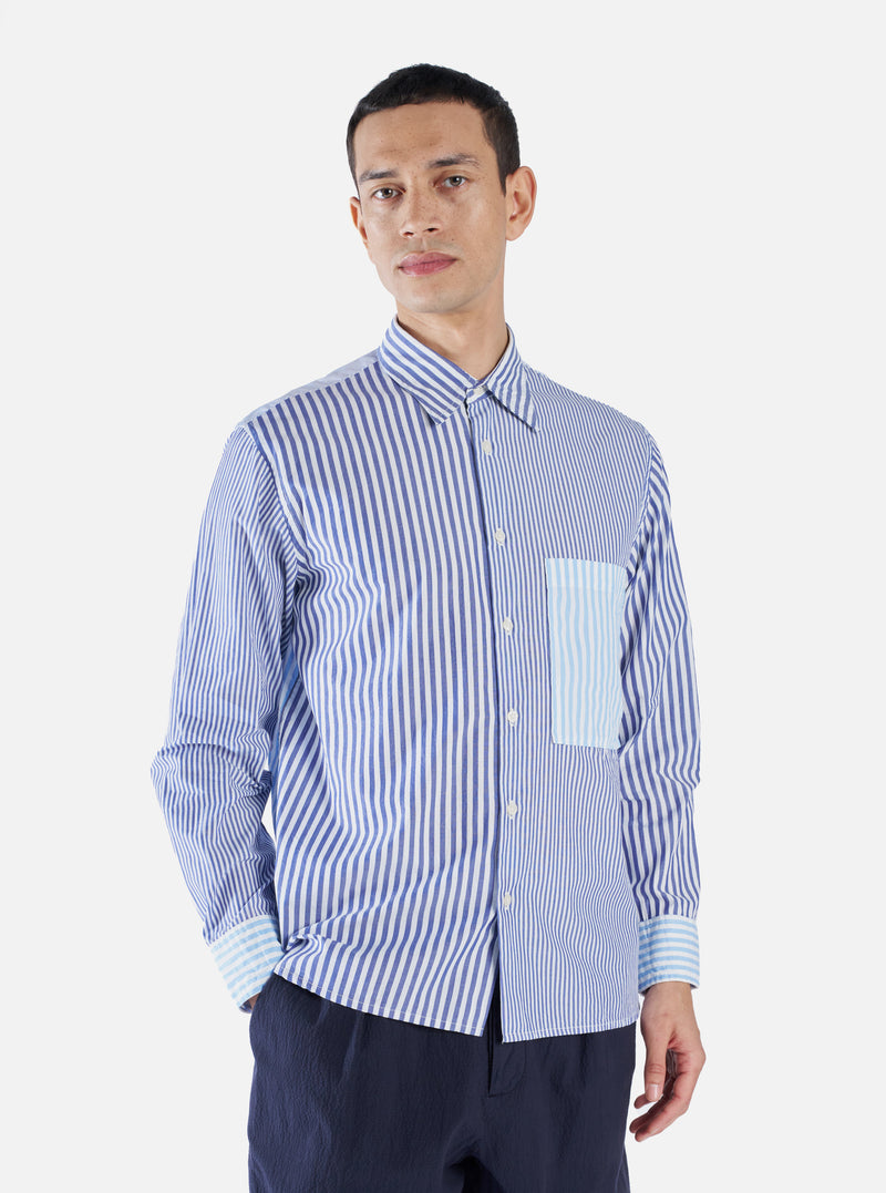 Universal Works Square Pocket Shirt in Blue Classic Stripes