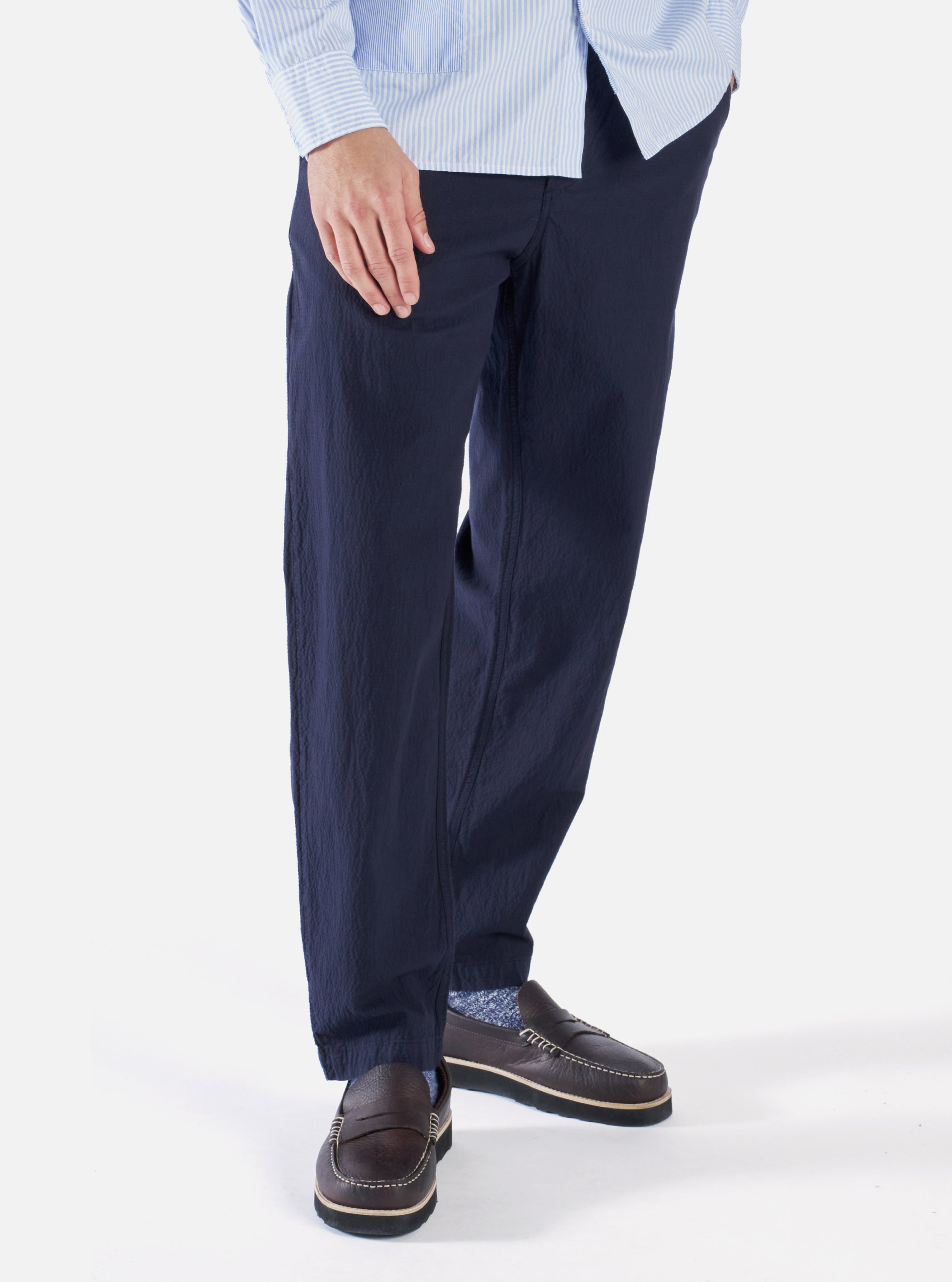 Universal Works Military Chino in Navy Seersucker II