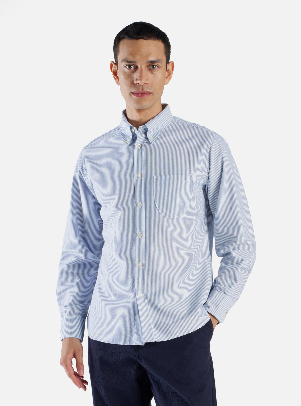 Universal Works Daybrook Shirt in Blue Oxford Stripe