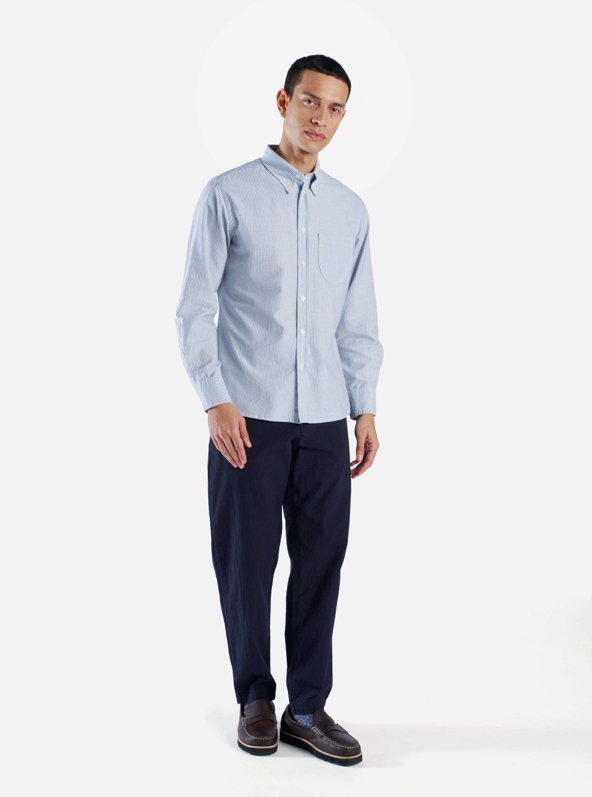 Universal Works Daybrook Shirt in Blue Oxford Stripe