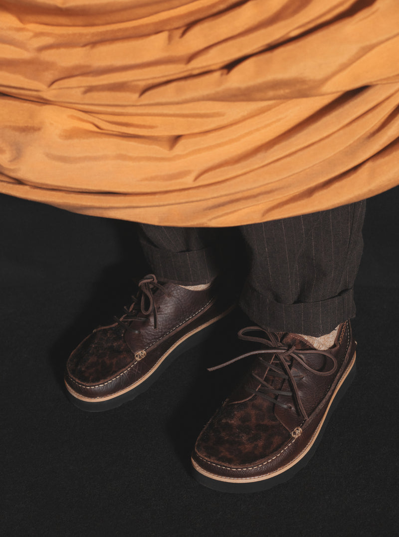 Yogi x Universal Works Finn in Dark Brown/Leopard Tumbled/Fur Leather