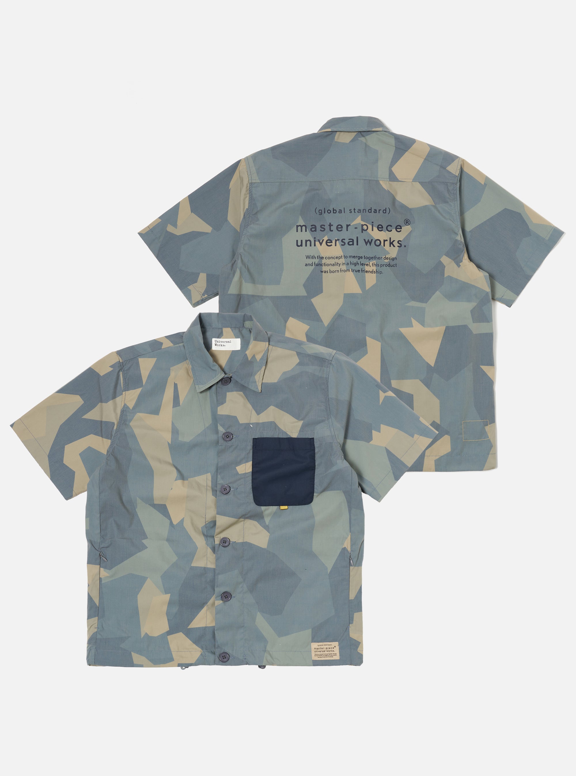 master-piece x Universal Works Tech Overshirt in Blue Camo Printed Recycled Polytech