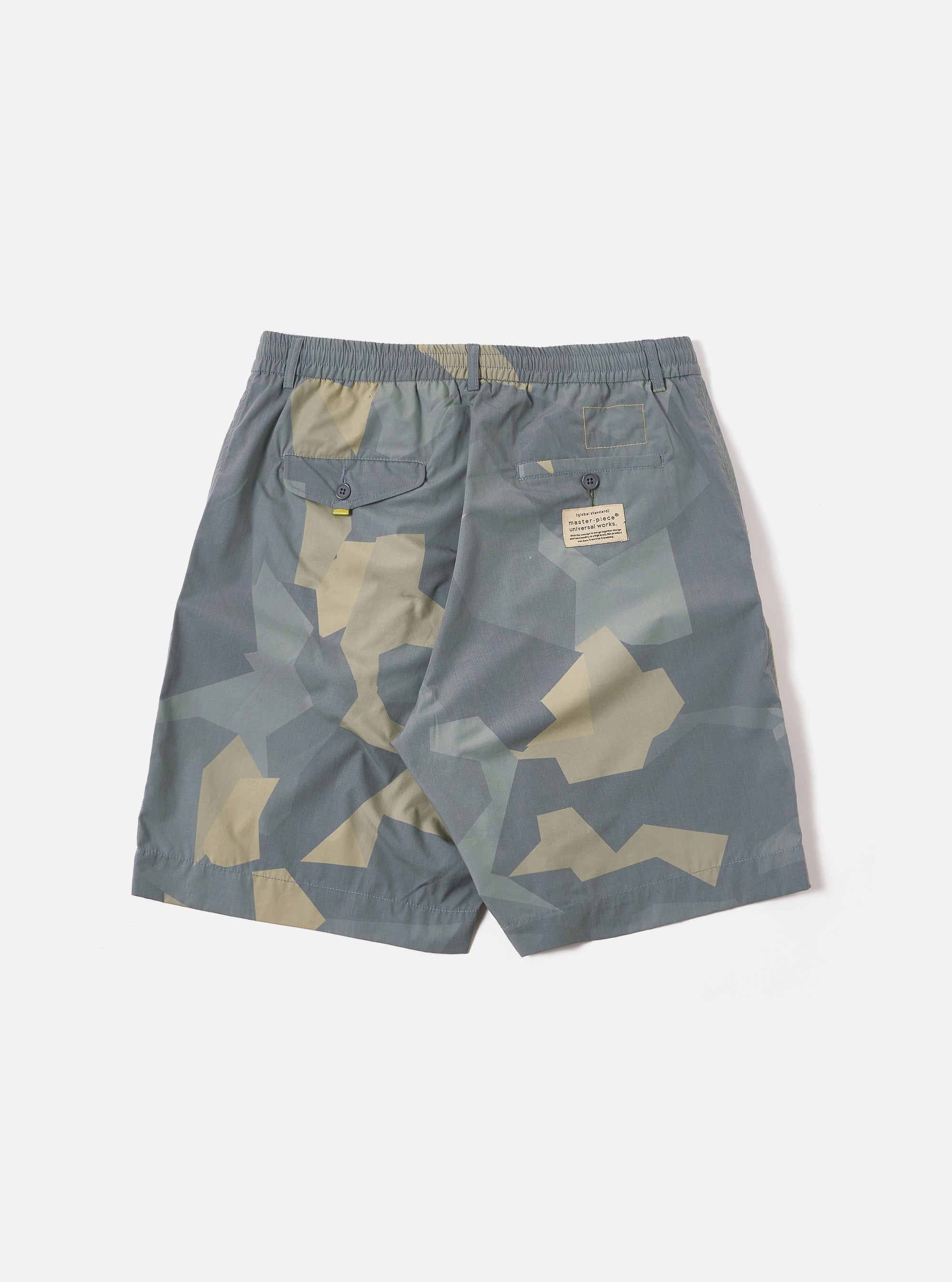 master-piece x Universal Works Pleated Track Short in Blue Camo Printed Recycled Polytech