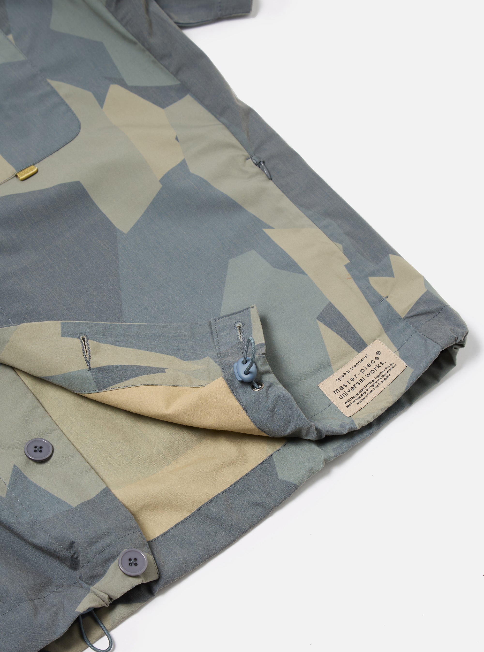 master-piece x Universal Works Tech Overshirt in Blue Camo Printed Recycled Polytech