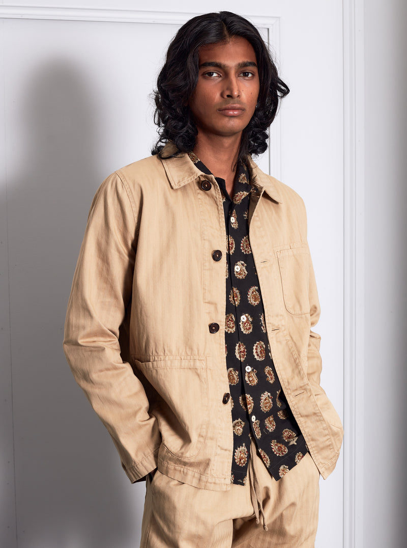 Universal Works Field Jacket in Sand Italian Herringbone Cotton