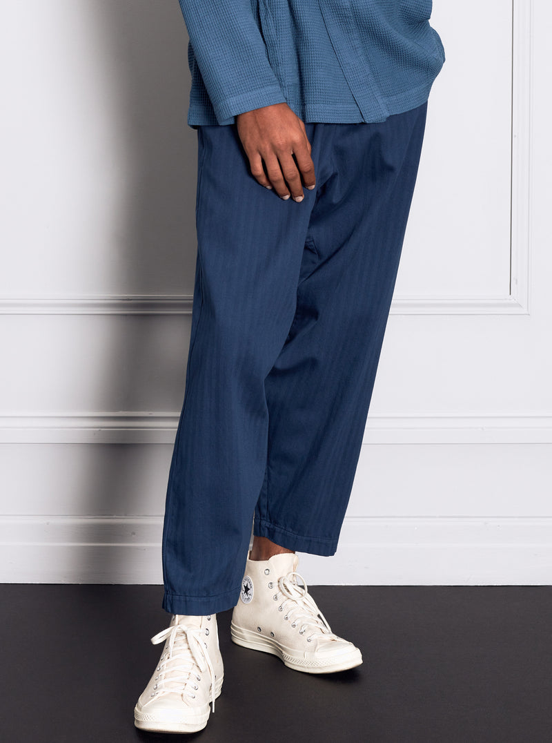 Universal Works Braga Pant in Washed Navy Italian Herringbone Cotton