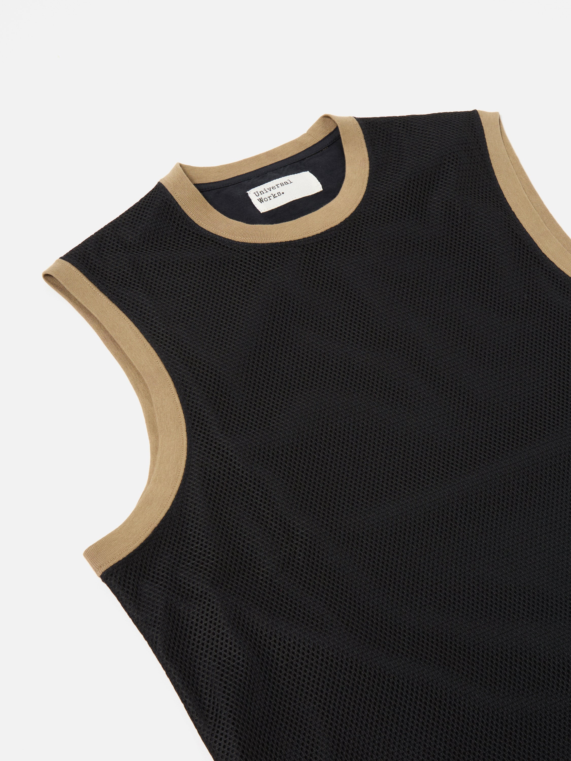 Universal Works Basketball Vest in Black/Navy Mesh/Single Jersey