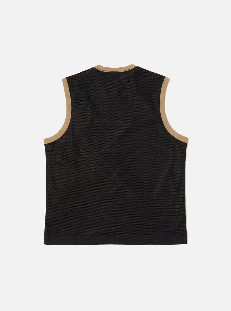 Universal Works Basketball Vest in Black/Navy Mesh/Single Jersey