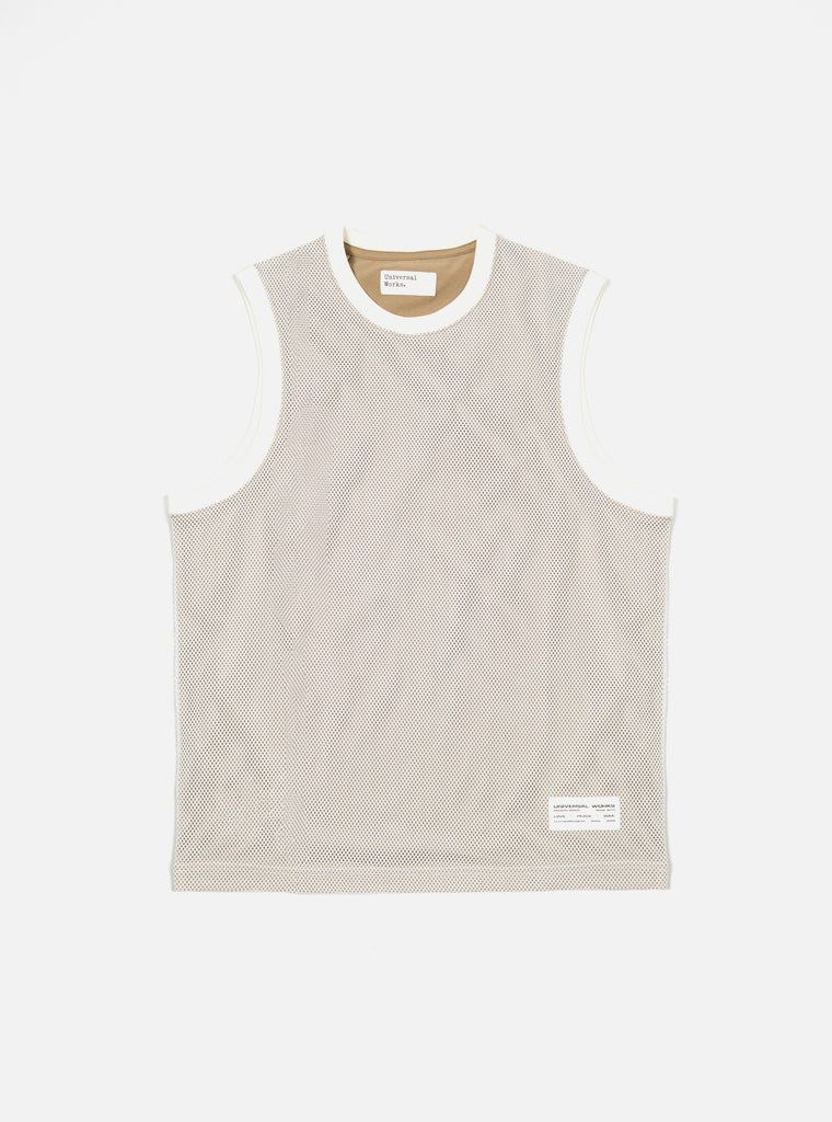 Universal Works Basketball Vest in White/Sand Mesh/Single Jersey