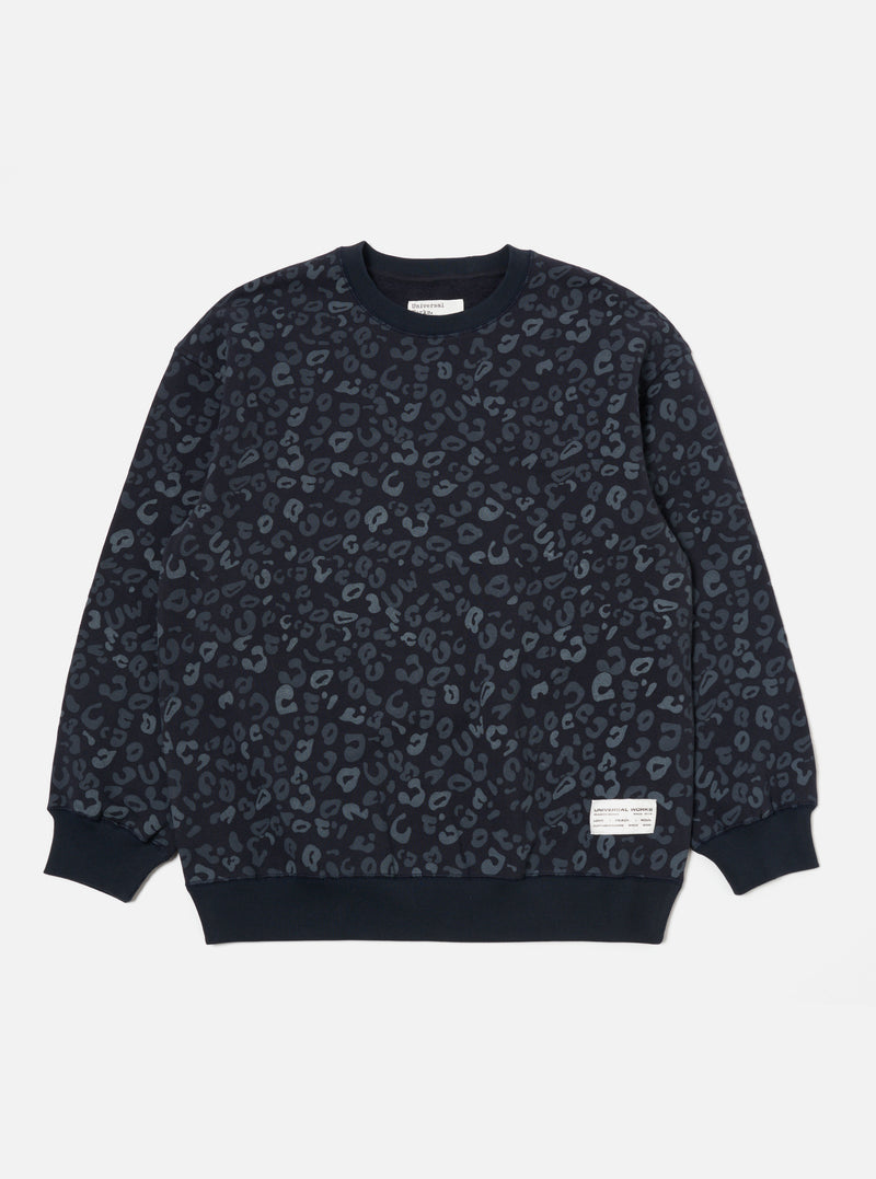 Universal Works Loose Sweatshirt in Navy Leopard Brush Back