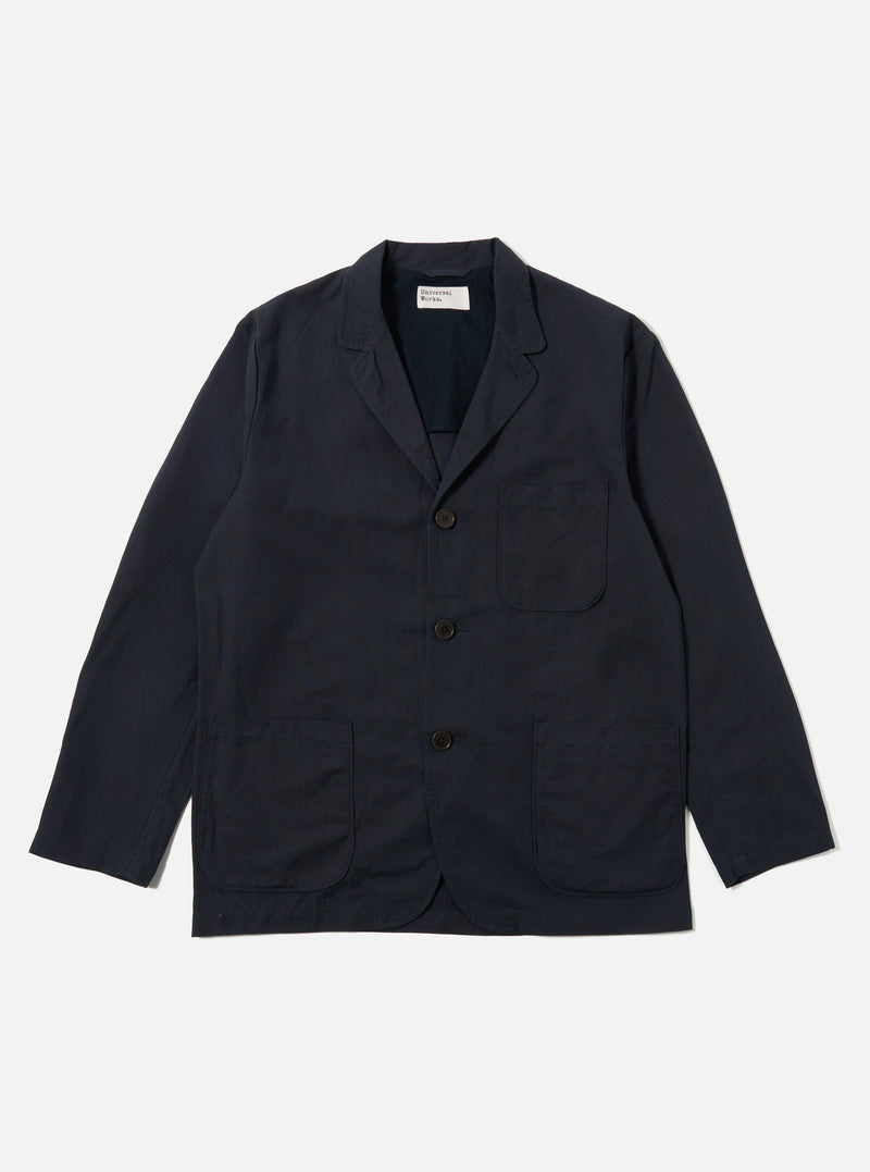 Universal Works Three Button Jacket in Navy Linen Slub Weave