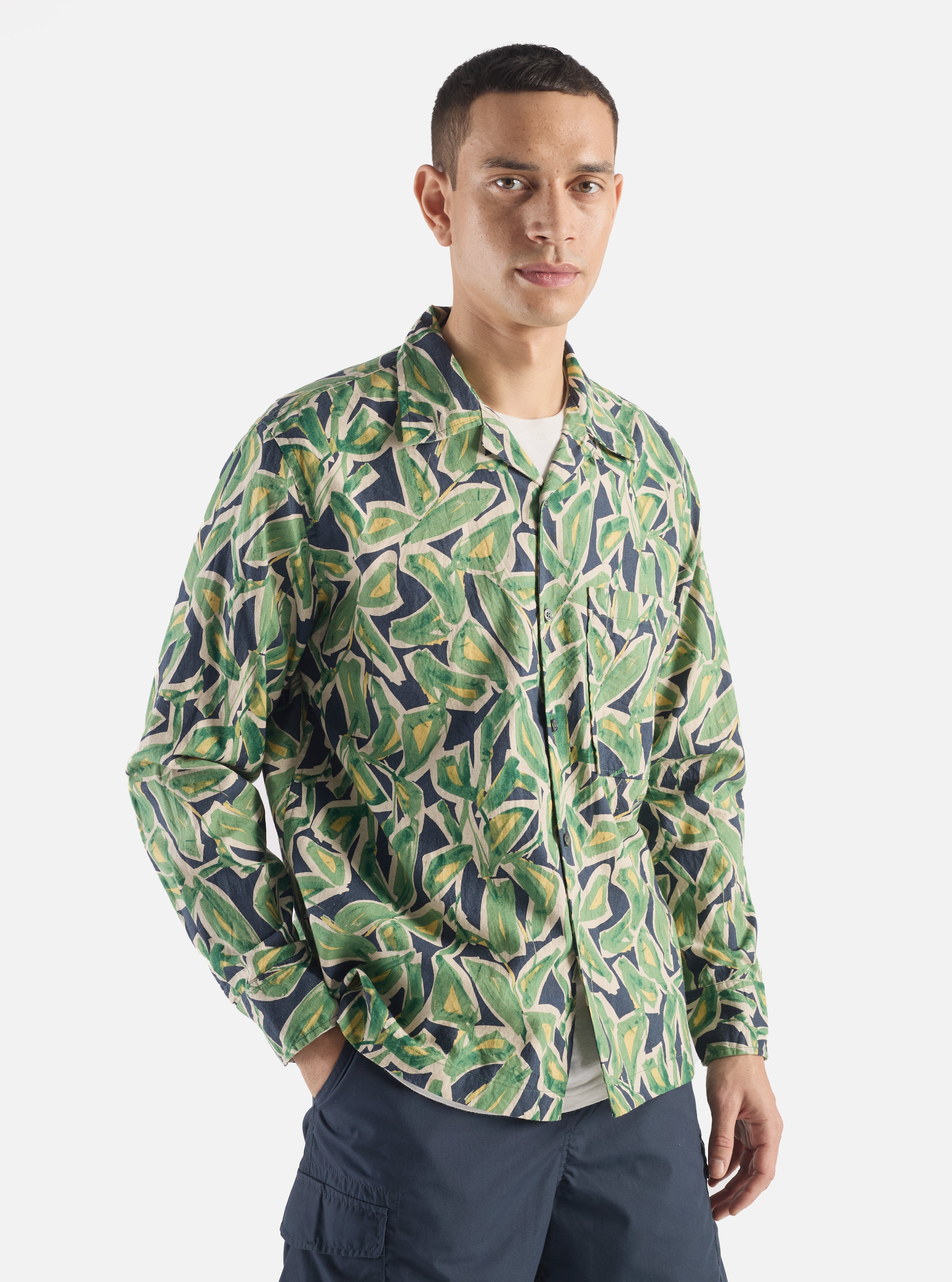 Universal Works L/S Camp Shirt in Navy Artist Flower Lincot
